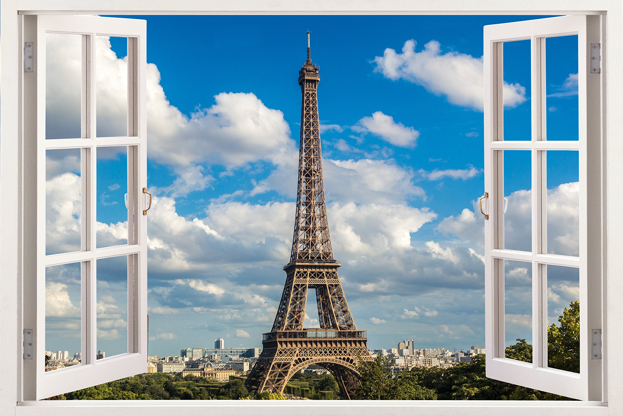3D Removable Vinyl Wall Stickers - White Window Frame Design with Paris Eiffel Tower & Cityscapes - Peel & Stick Wall Decals for Living Room, Bedroom, Nursery - Durable Home Decor Wallpaper