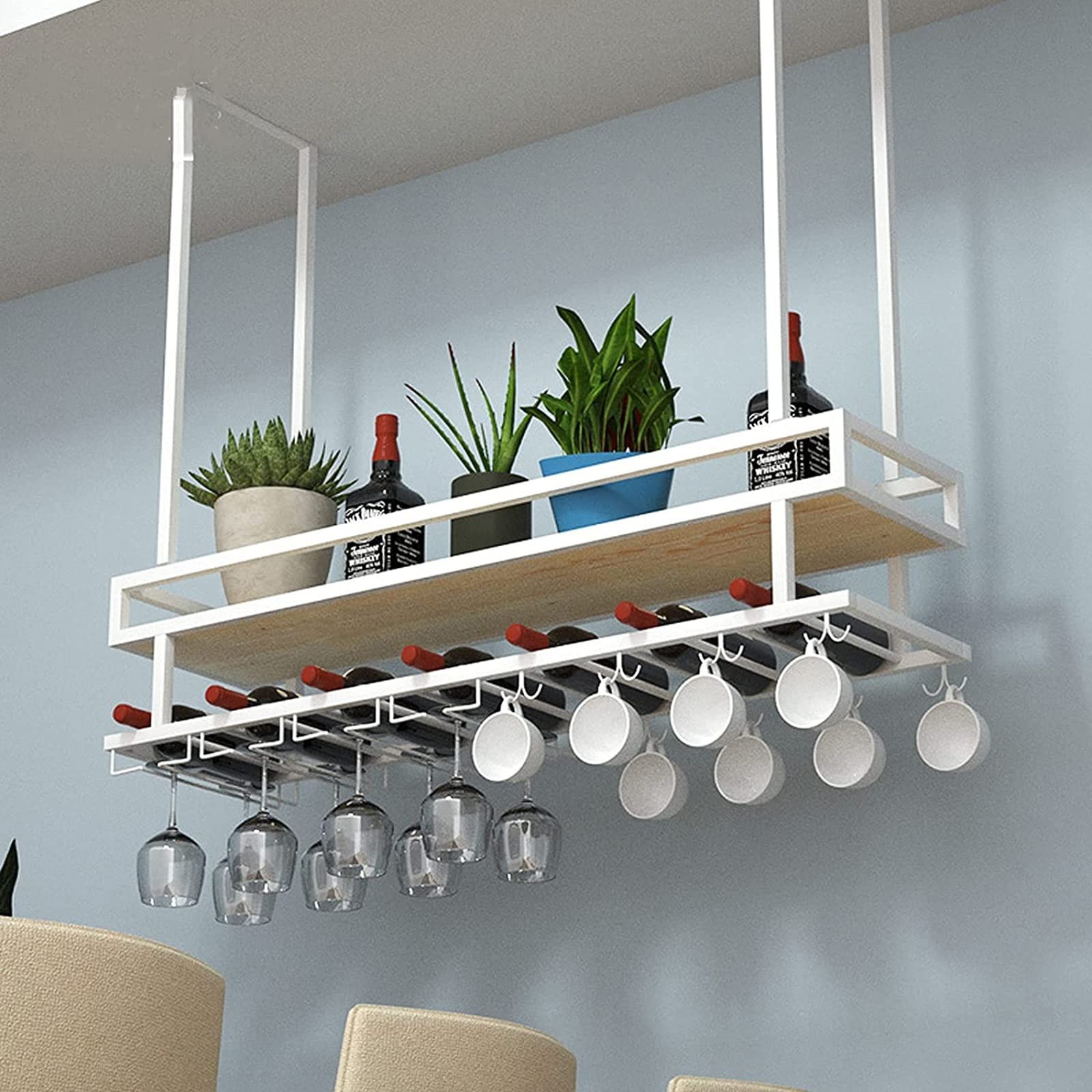 KEPMOGOH 2-Tier Metal Ceiling Wine Rack - Industrial Wooden Bar Shelf for Restaurants & Homes - Wall Mount Wine Glass Holder & Storage Organizer (120cm) - Perfect for Kitchen, Bar, Cafe & Dining Room Decor
