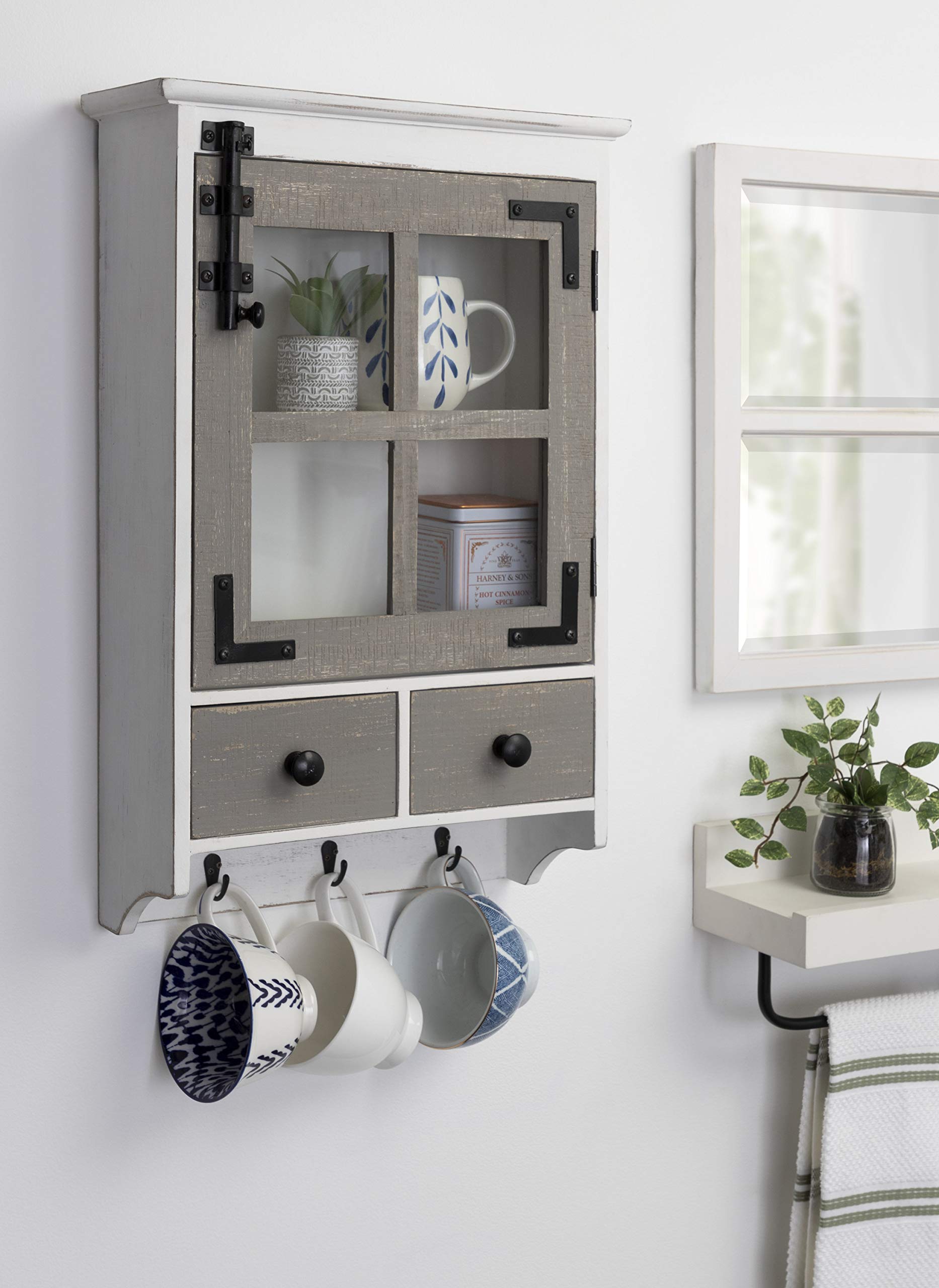 Kate & Laurel Hutchins Farmhouse Wall Cabinet - White & Gray Wooden Storage with Glass Door & 2 Drawers | Rustic Home Decor for Kitchen, Bathroom or Entryway Organization