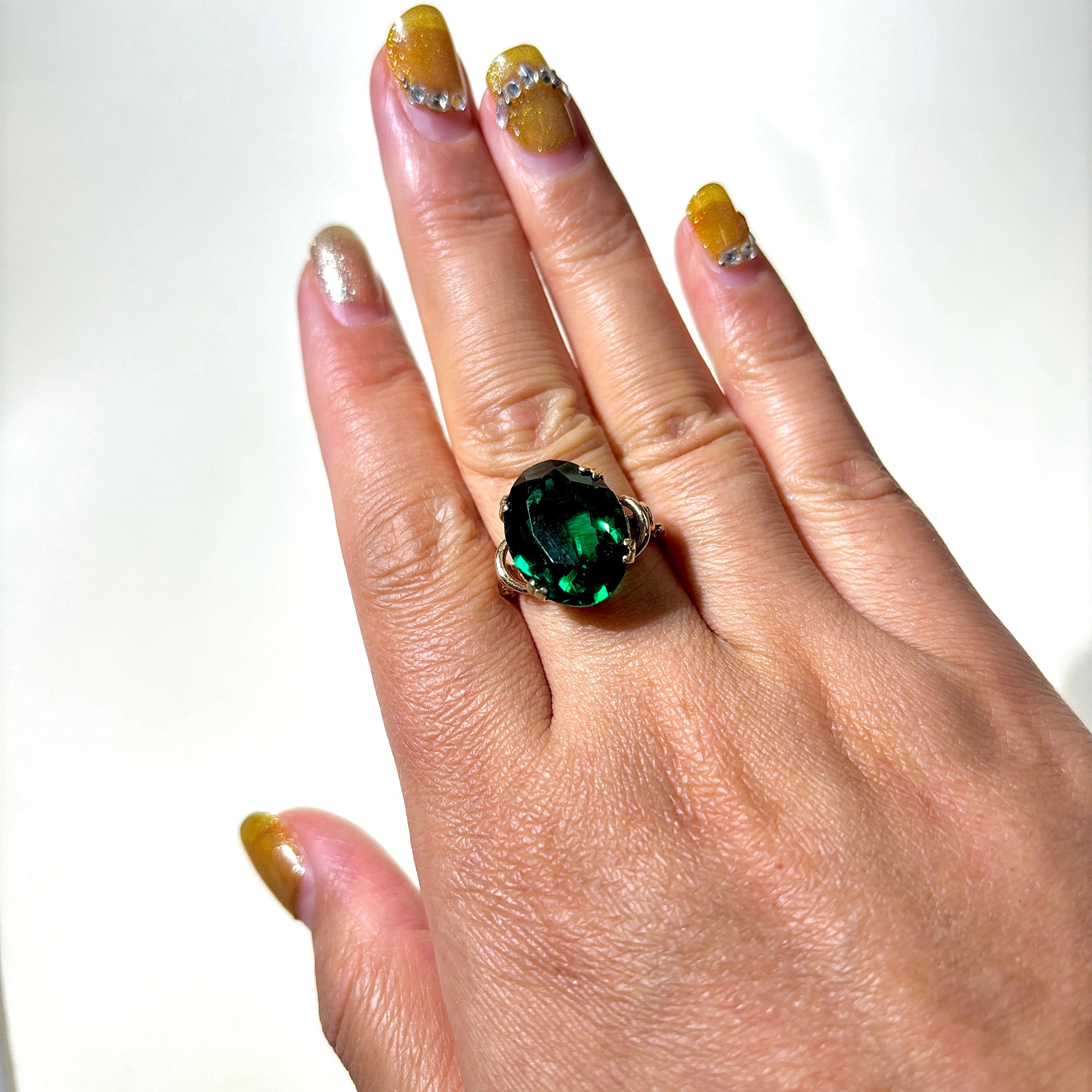 10K Yellow Gold Green Glass Cocktail Ring for Women - Size 7.5 | Elegant Statement Jewelry for Parties, Weddings & Special Occasions