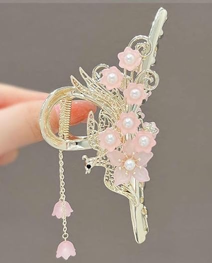 RUBELA Korean Style Hair Claw Clip - White Flower Tassel Hair Accessory for Wedding, Prom, Party & Special Occasions