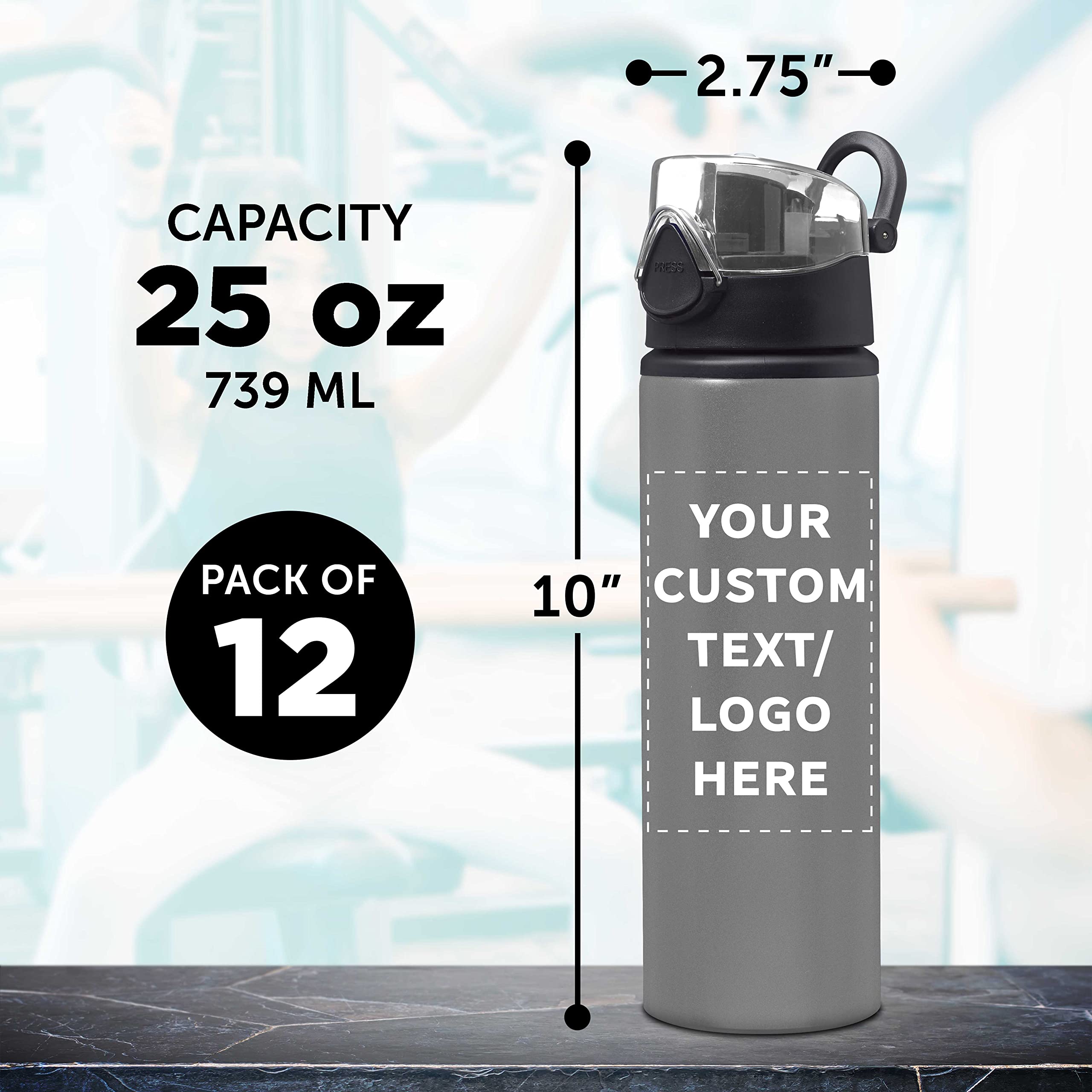 Custom 25 oz Aluminum Water Bottles with Carabiner - Set of 12 Personalized Bulk Pack (Refillable, BPA-Free) - Ideal for Gym, Hiking, Cycling, School & Office - Silver Sport Bottles for Active Lifestyle