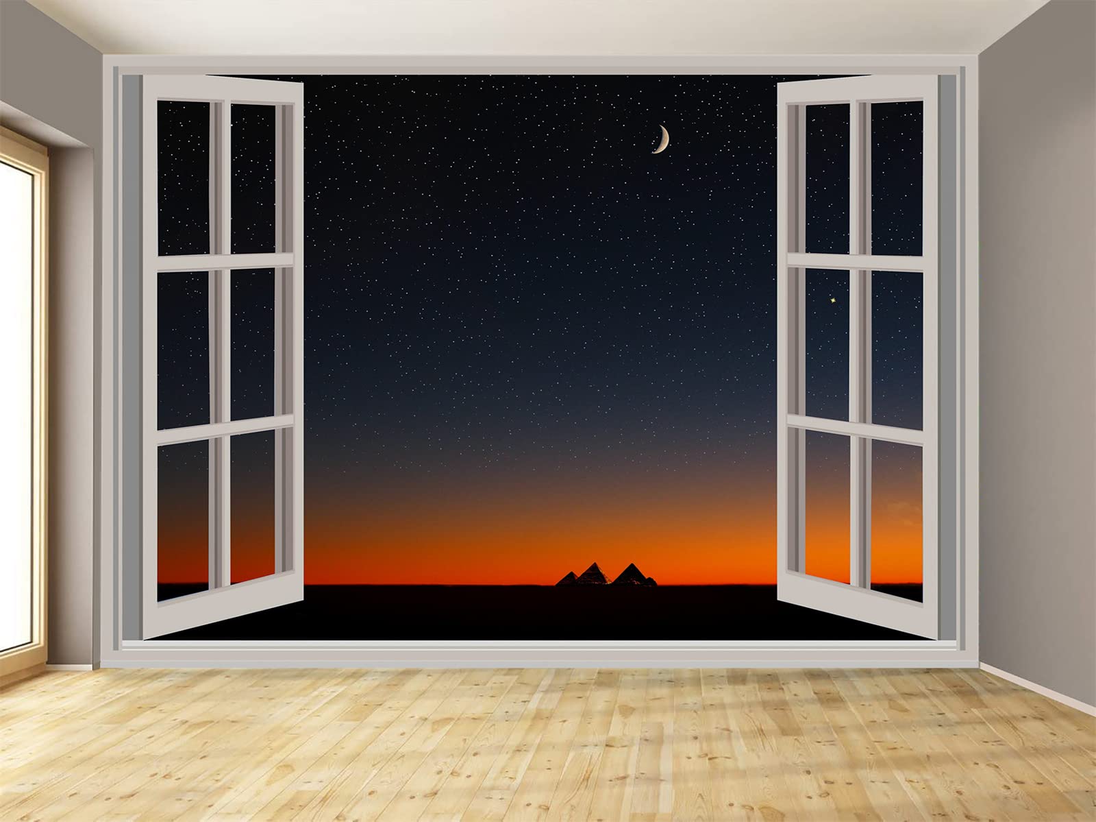 3D Scenery Window Decal - Starry Sky Moon Pyramid Removable Wall Mural for Living Room, Bedroom, Office & Kids Room Decor - Large 158
