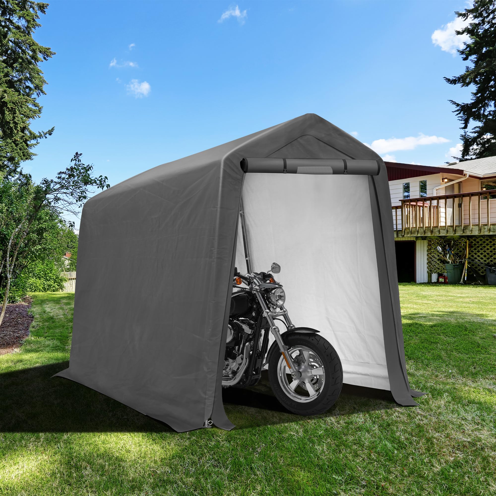 6x7Ft Heavy Duty Waterproof Outdoor Storage Shed - Portable Shelter with Roll-up Ventilated Door for Motorcycle, Firewood & Garden Tools - Perfect for Backyard, Garage & Patio Organization