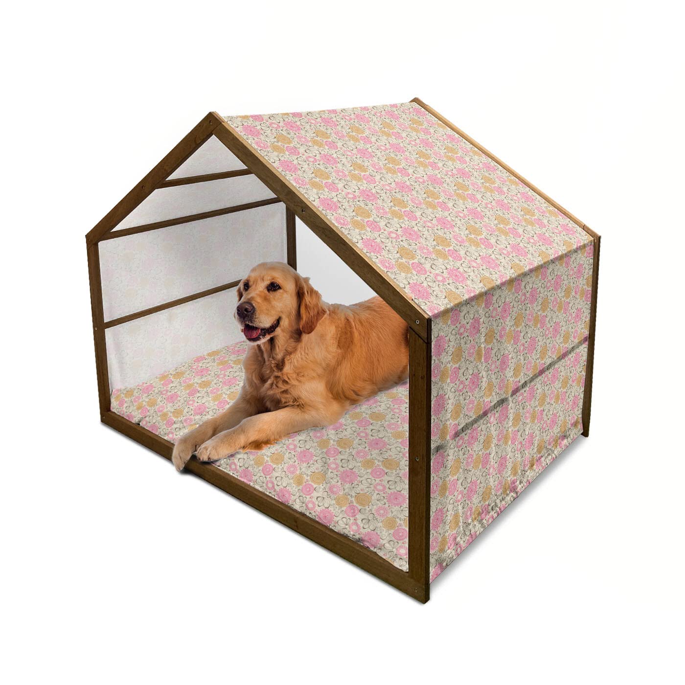 Ambesonne Floral Wooden Dog House - XL Indoor & Outdoor Portable Pet Kennel with Pillow & Cover, Abstract Geometric Floral Design - Perfect for Backyard, Patio, or Home Decor
