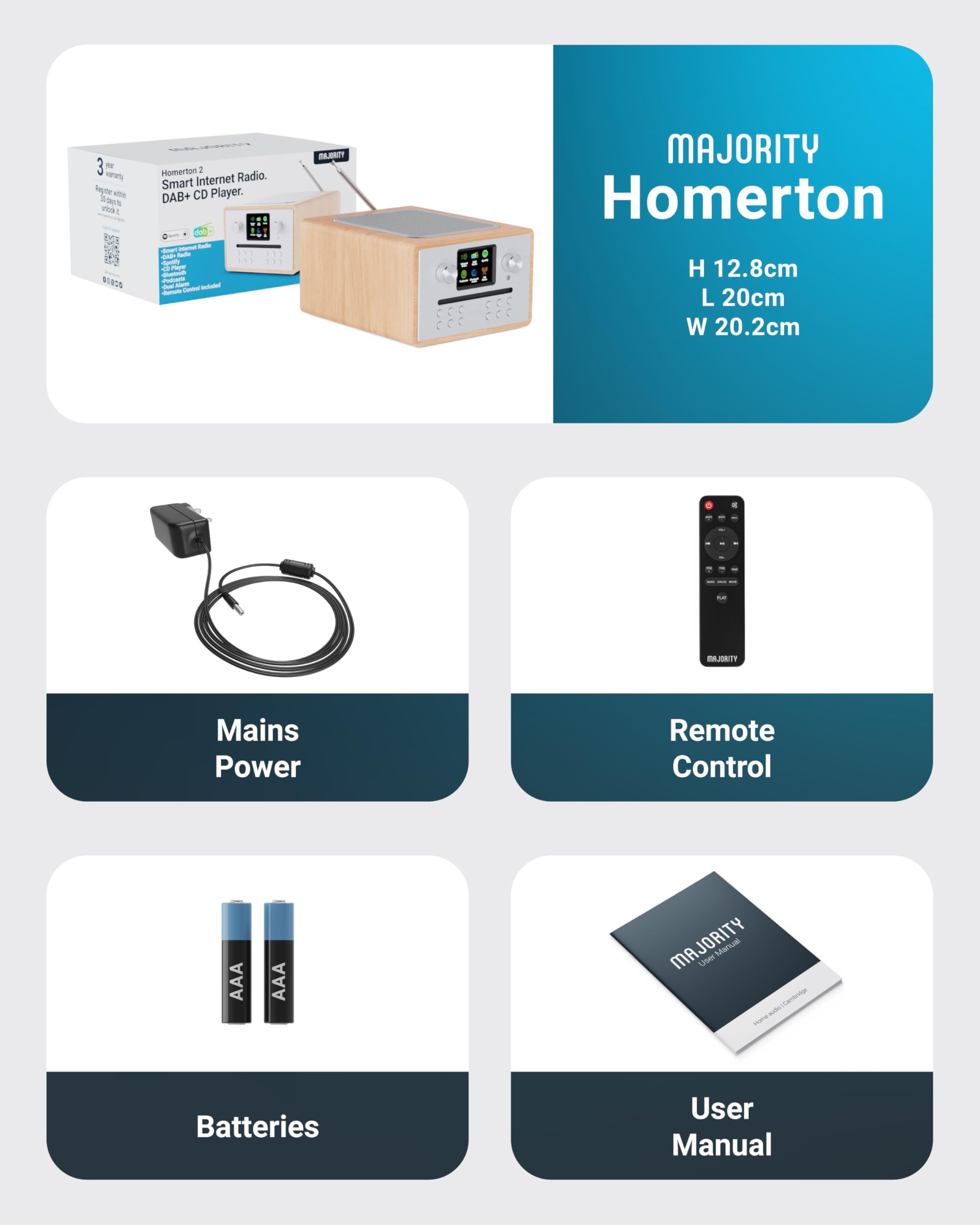 Majority Homerton Oak Internet Radio CD Player with DAB+/FM, Bluetooth & Spotify Connect - 90 Presets, Dual Alarm, Custom EQ, LED Display & Remote - Perfect for Bedroom, Kitchen or Office Use