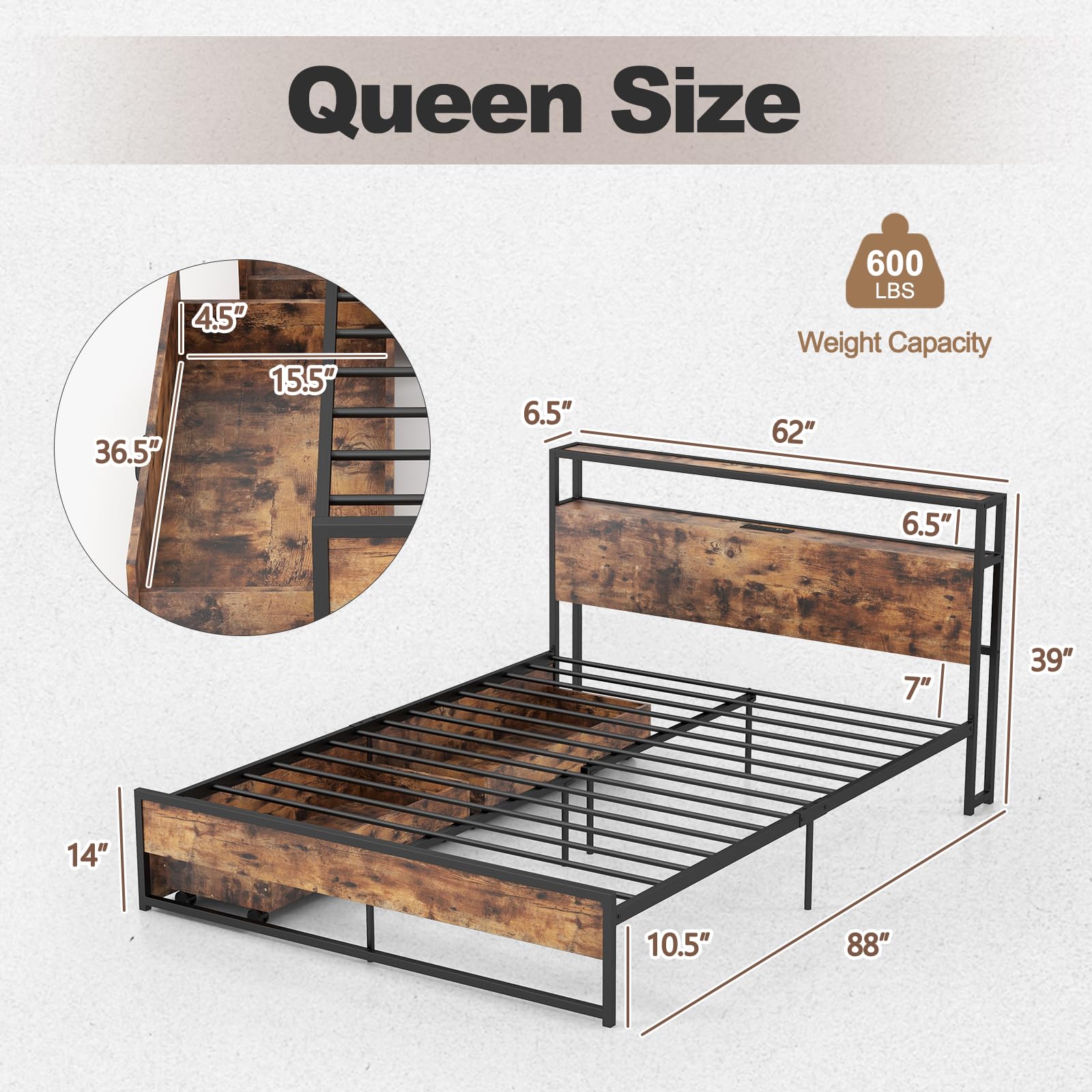 Giantex Queen Bed Frame with 2 Storage Drawers & USB Charging Station, Industrial Metal Platform Bed with 2-Tier Headboard Storage, Rustic Mattress Foundation with Reinforced Slats (No Box Spring Needed) - Perfect for Small Bedrooms, Studio Apartments & Modern Farmhouse Decor