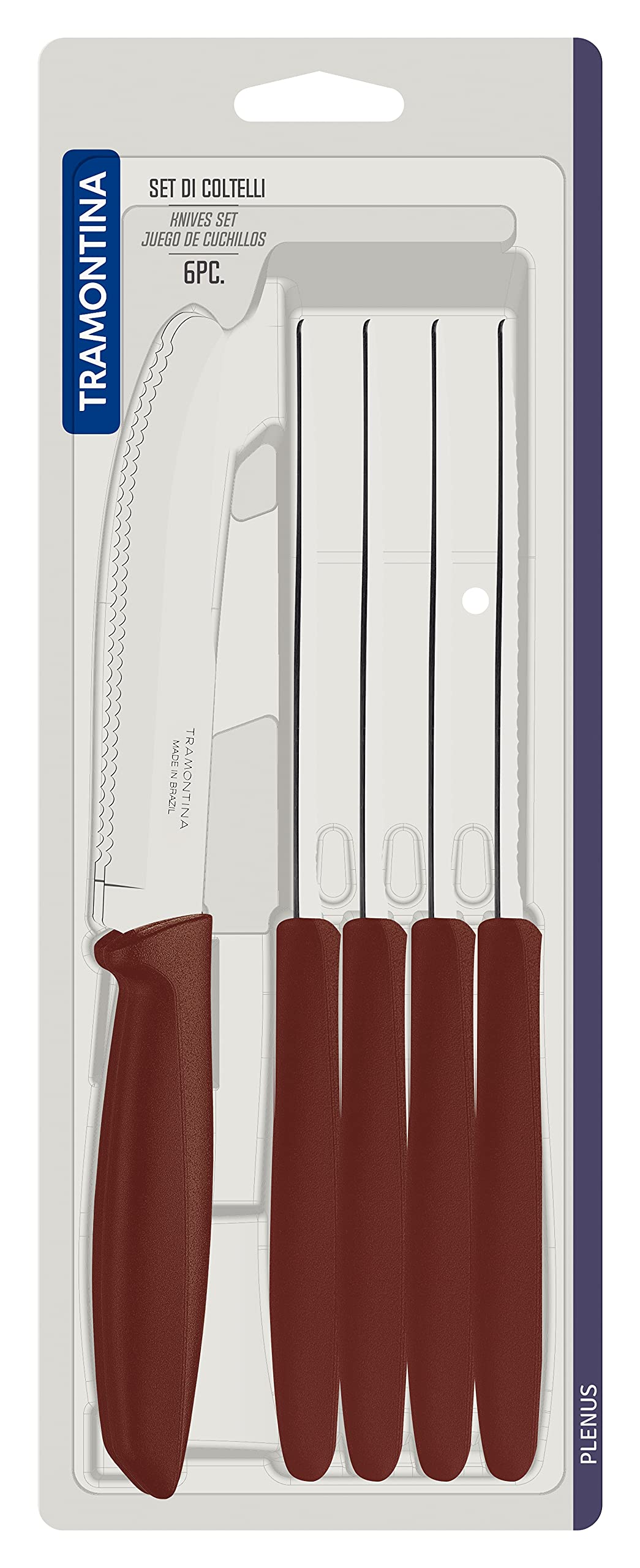 Tramontina 6-Piece Stainless Steel Kitchen Knife Set - Serrated Fruit & Tomato Knife, Vegetable Chopper & Peeler - Multipurpose with Rounded Tip - Perfect for Cooking, Slicing & Meal Prep (Brown, Model 23498455)