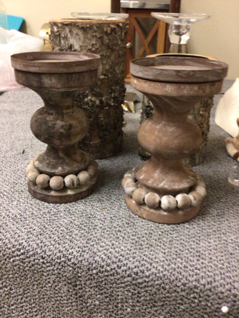 Pair of Wood Beaded Accent Candle Holders - Rustic Home Decor for Table Centerpiece, Wedding, and Holiday Decorations