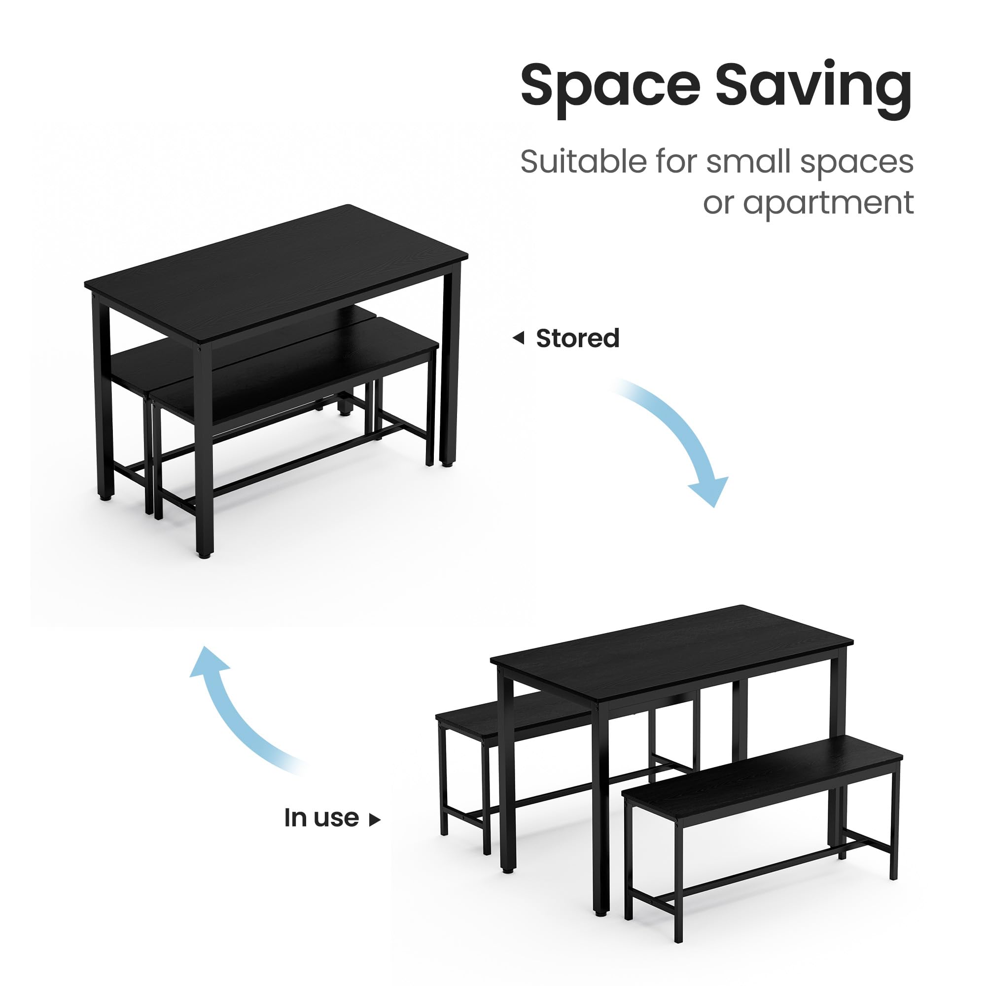 JULYFOX 3-Piece Modern Dining Room Set with Bench - Rectangular Table & Chairs for 4, Metal & Wood Kitchen Furniture for Small Spaces in Black | Perfect for Apartments, Breakfast Nooks & Cozy Dining Areas