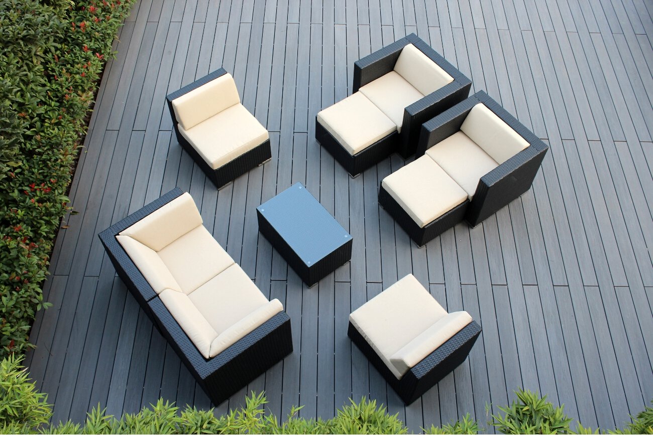 Ohana 20-Piece Outdoor Patio Furniture Set - Black Wicker Sofa, Dining Table & Chaise Lounge with Beige Cushions - Includes Free Patio Cover - Perfect for Backyard, Poolside & Garden Relaxation