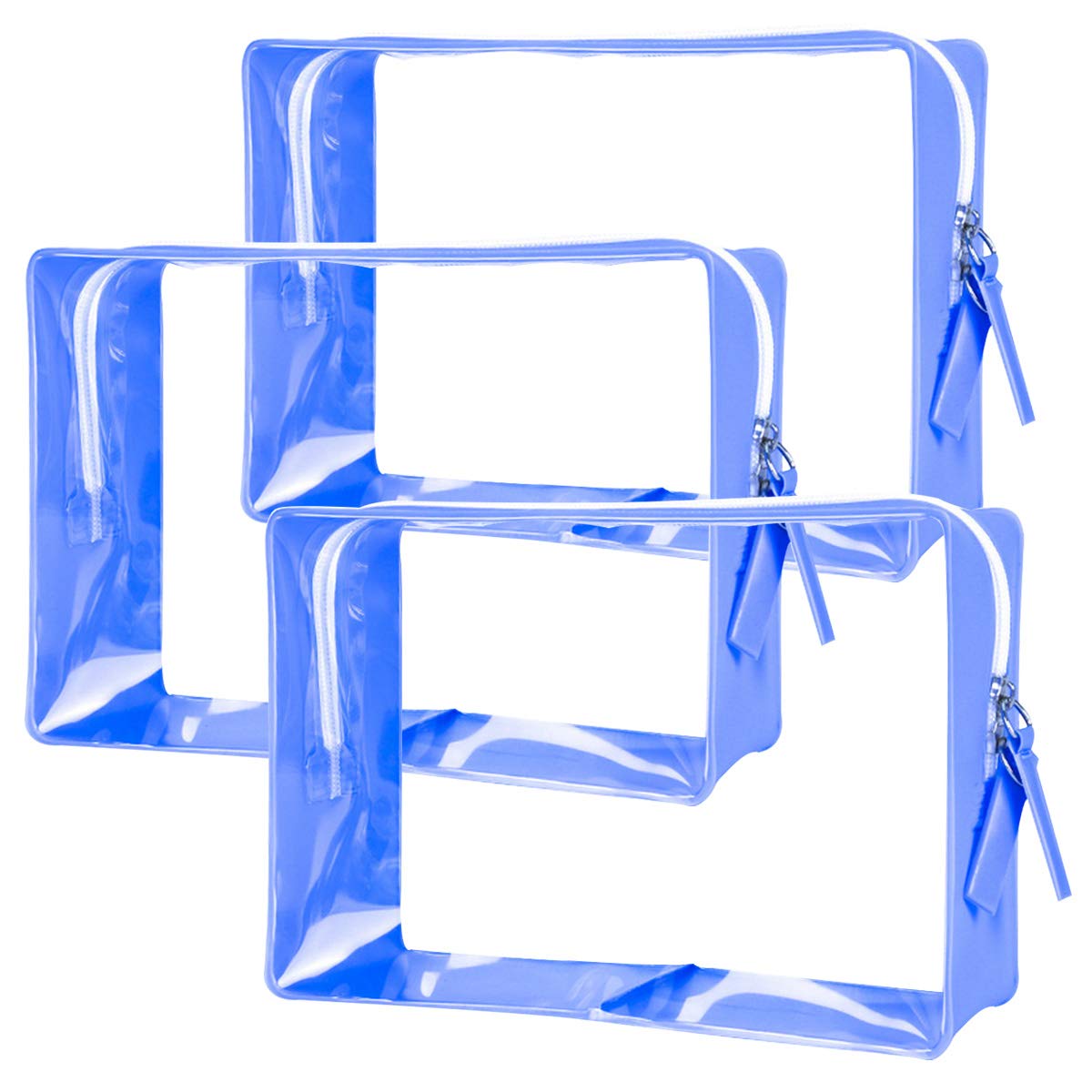 IBLUE Travel Toiletry Bag - Clear TSA Approved Liquid Carry On Bag, Waterproof PVC Cosmetic Makeup Organizer for Men & Women (Blue 3-Piece Set) - Perfect for Air Travel, Gym & Weekend Getaways
