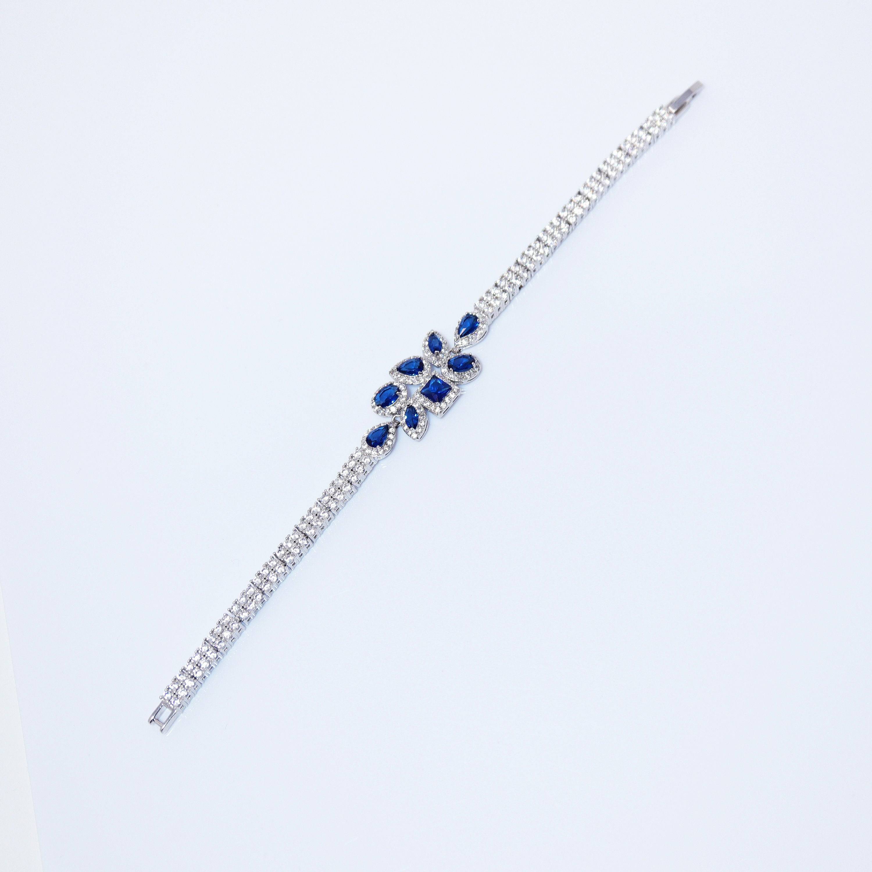 Elegant CZ Royal Blue Floral Diamond Bracelet for Women - Perfect Wedding, Bridesmaid & Bride Jewelry Gift - Ideal for Bridal Shower, Anniversary & Special Occasions