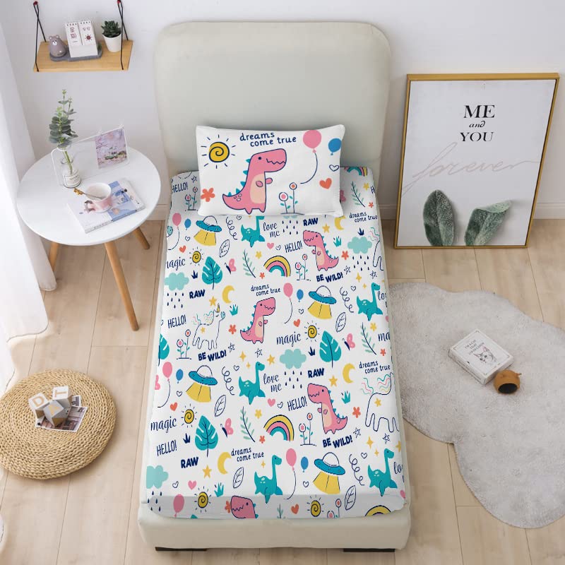 Dinosaur Twin Bed Sheets Set for Kids - 2 Piece Soft Brushed Microfiber (Fitted Sheet + Pillowcase) | Durable & Comfortable Bedding for Boys & Girls | Perfect for Kids' Bedrooms, Sleepovers & Nursery Decor