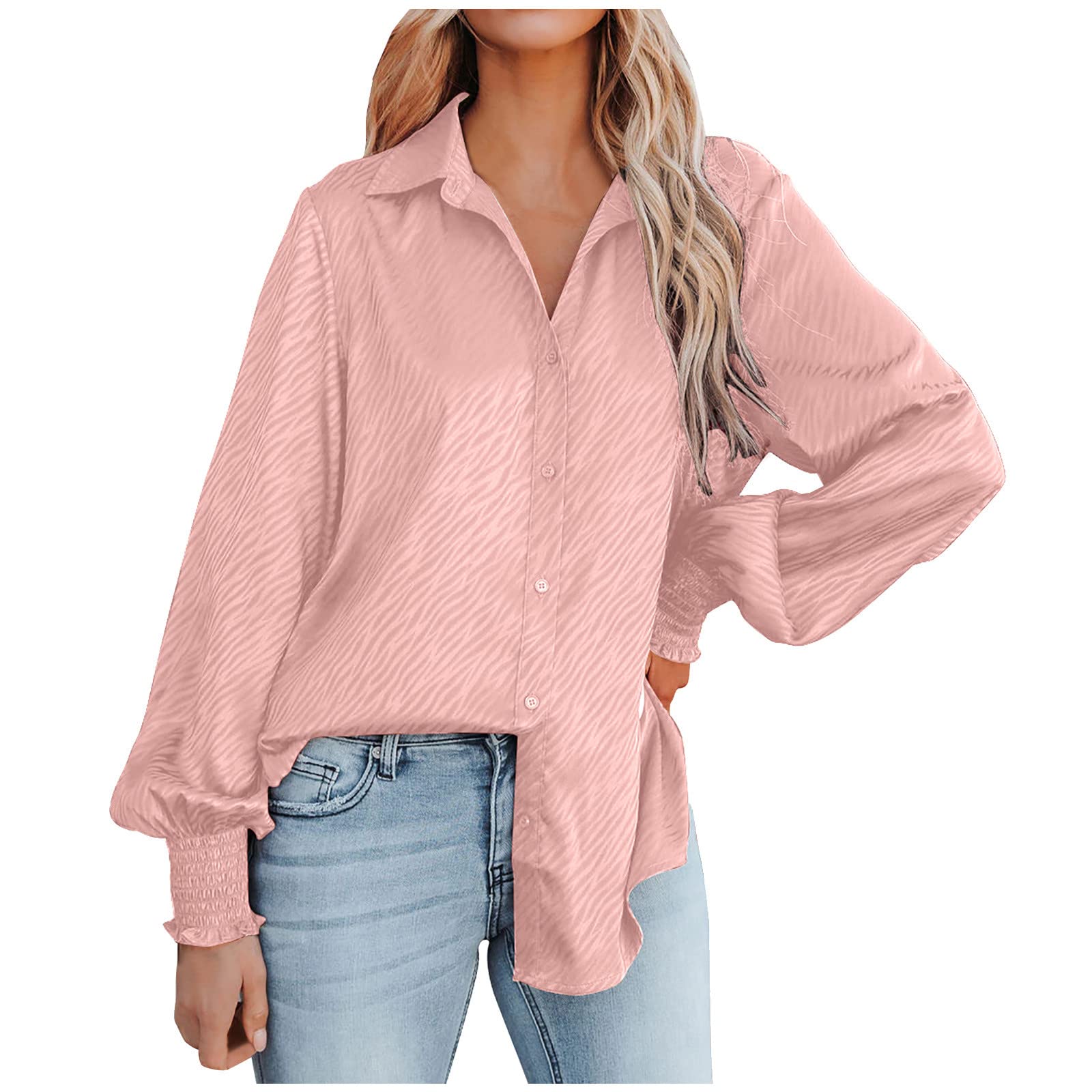 Women's Casual V-Neck Long Sleeve Button Down Tunic Tops - Solid Color Loose Fit Blouse Tee Shirts for Work, Date Night & Everyday Wear