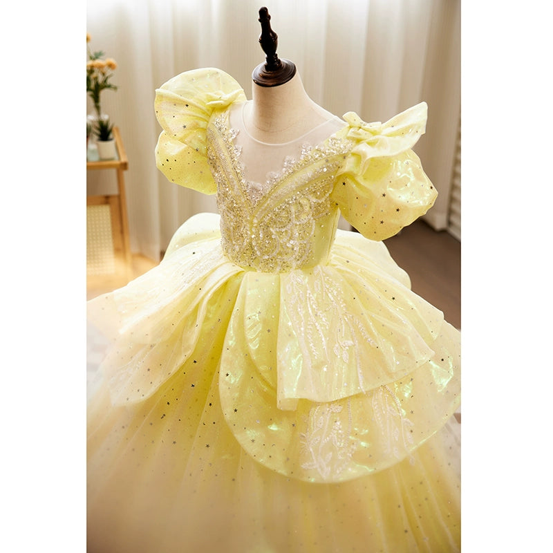 Yellow Princess Round Floor Length Organza Flower Girl Dress for Weddings, Baptisms & Special Occasions - Elegant & Comfortable Kids Formal Wear