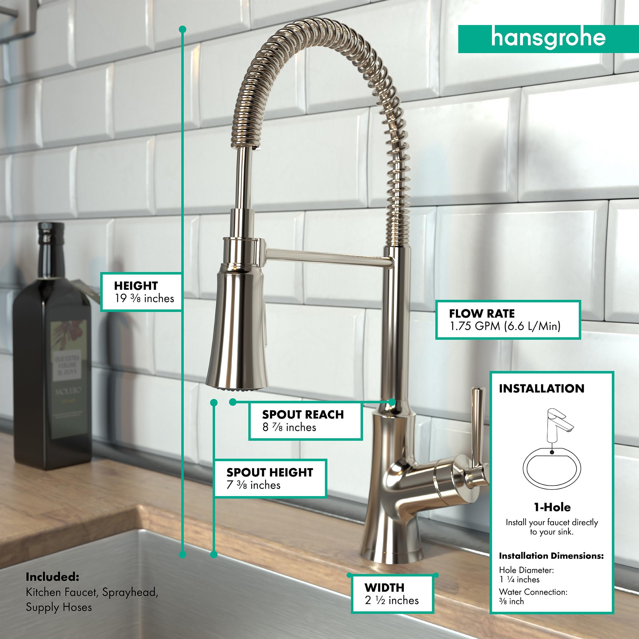 hansgrohe Joleena Brushed Nickel Commercial Kitchen Faucet with Pull Down Sprayer, 19.3-Inches Tall, Polished Nickel 04792830, Ideal for Restaurant and Home Kitchen Sinks