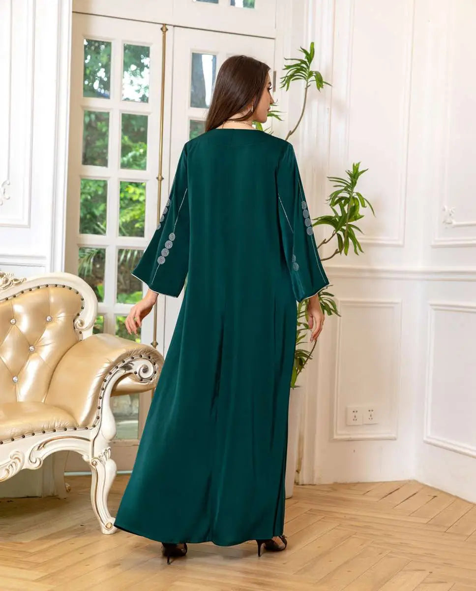 Elegant Hotfix Rhinestone Satin Jalabiya Caftan Dress for Women - Perfect for Eid Celebrations, Weddings & Special Occasions