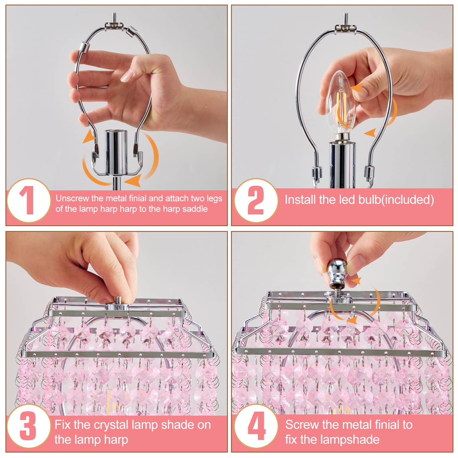Pink Crystal Table Lamp with Touch Control - 3-Way Dimmable Nightstand Light with Crystal Shade, 6W B11 Bulb Included - Perfect for Girls Bedroom, Living Room & Home Decor (L-71008F)