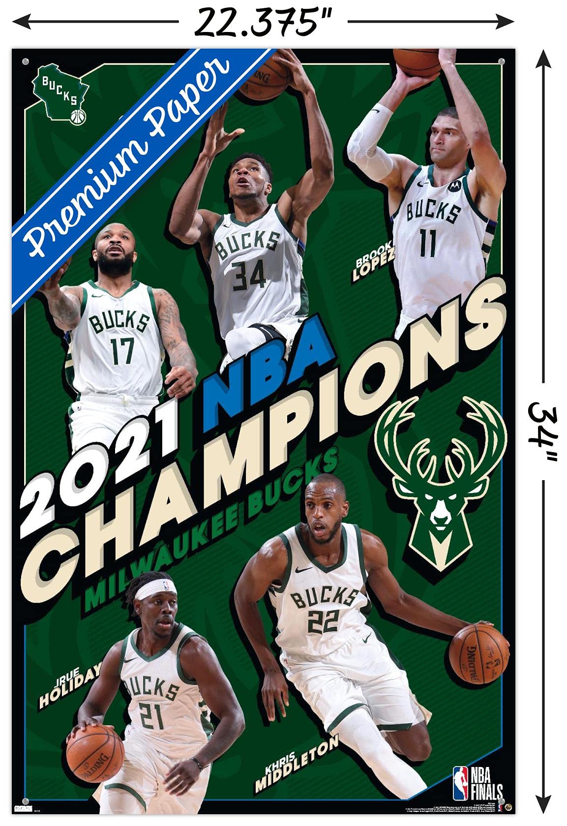 Milwaukee Bucks 2021 NBA Champions Wall Poster with Pushpins - Premium Basketball Decor for Home, Office & Fan Cave