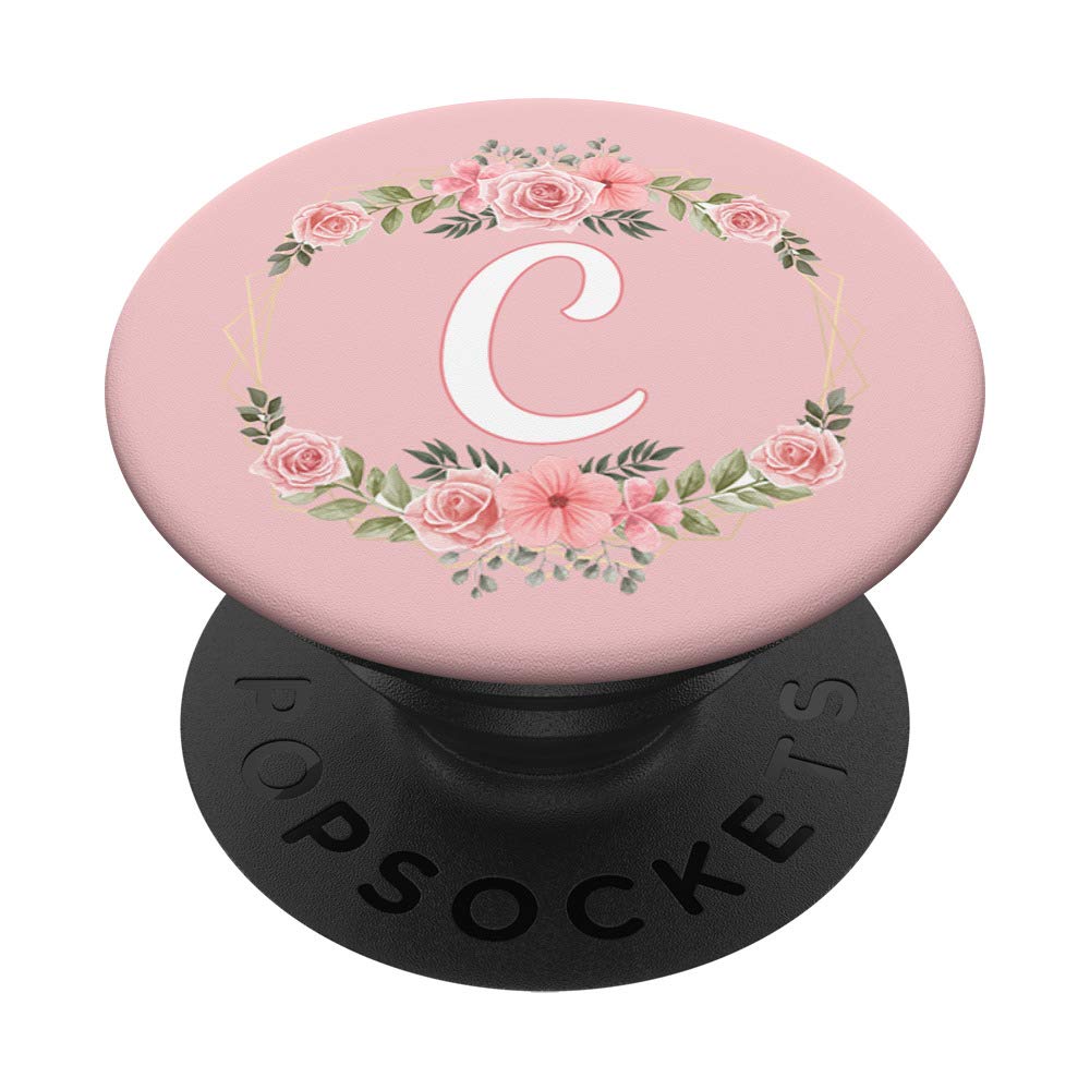 Rose Pink Phone Holder with Monogram C - PopSockets Grip & Stand for Phones, Tablets - Perfect for Work & Travel