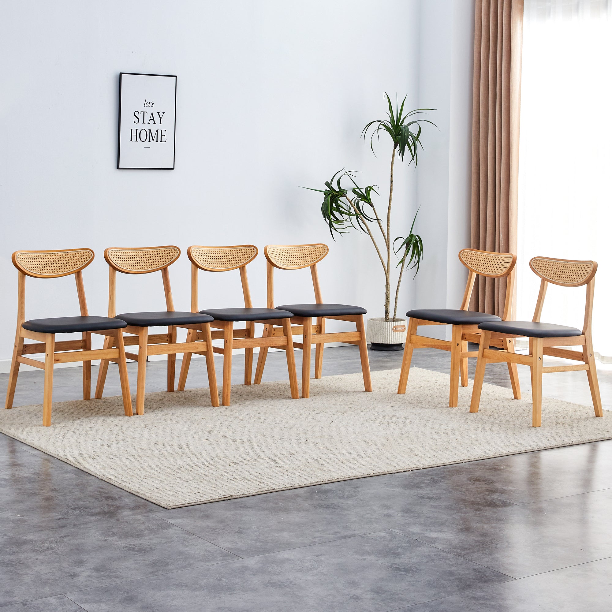 6-Piece Cozy Natural Rubberwood Dining Chair Set - Solid Wood & Rattan Style with Curved Back & PU Cushion - Perfect for Dining Room, Kitchen, Breakfast Nook & Everyday Use