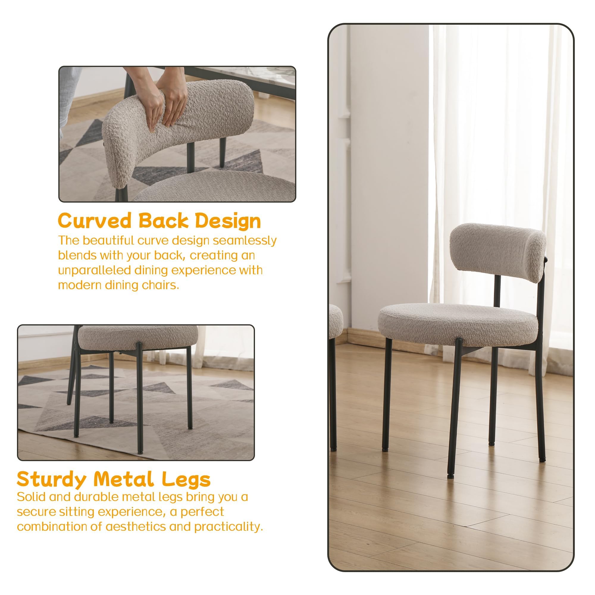 EDWELL Boucle Dining Chairs Set of 4 - Modern Upholstered Kitchen Chairs with Thick Cushions & Black Metal Legs - Grey Round Accent Chairs for Dining Room, Kitchen, Living Room - Perfect for Home Decor & Entertaining Guests