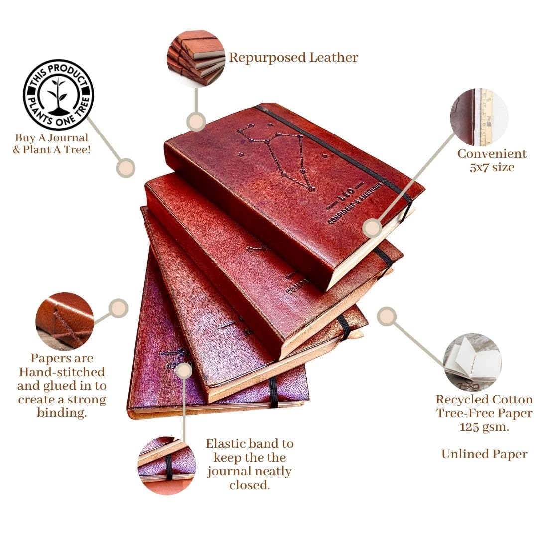 Soothi Personalized Zodiac Handmade Antique Leather Journal - Unlined Notebook for Travel, Diary & Writing - 7