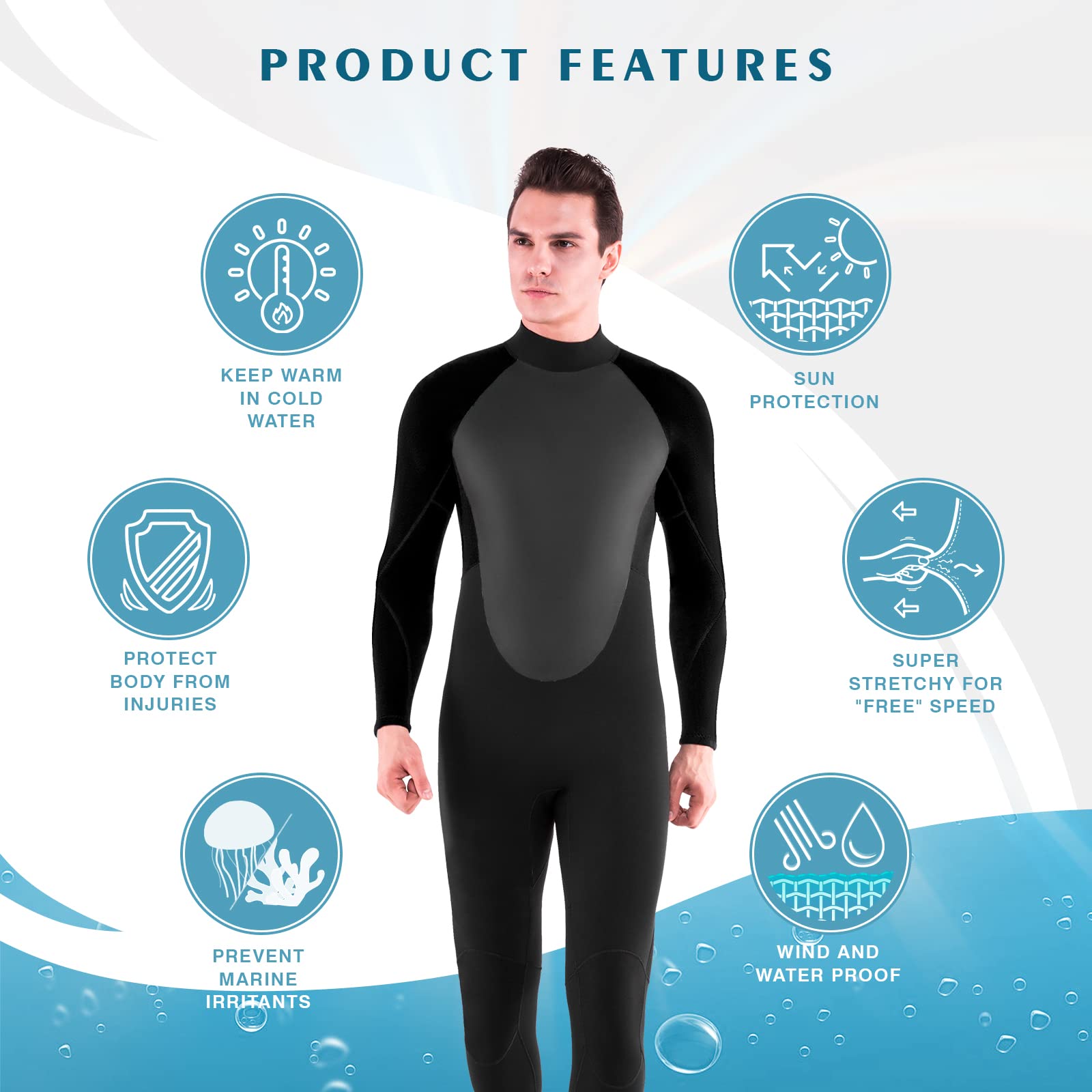 5/4mm Neoprene Scuba Diving Wetsuit for Men & Women - Long Sleeve Back Zipper Thermal Wet Suit for Cold Water Diving, Surfing & Snorkeling - Keep Warm in 50-60°F Waters