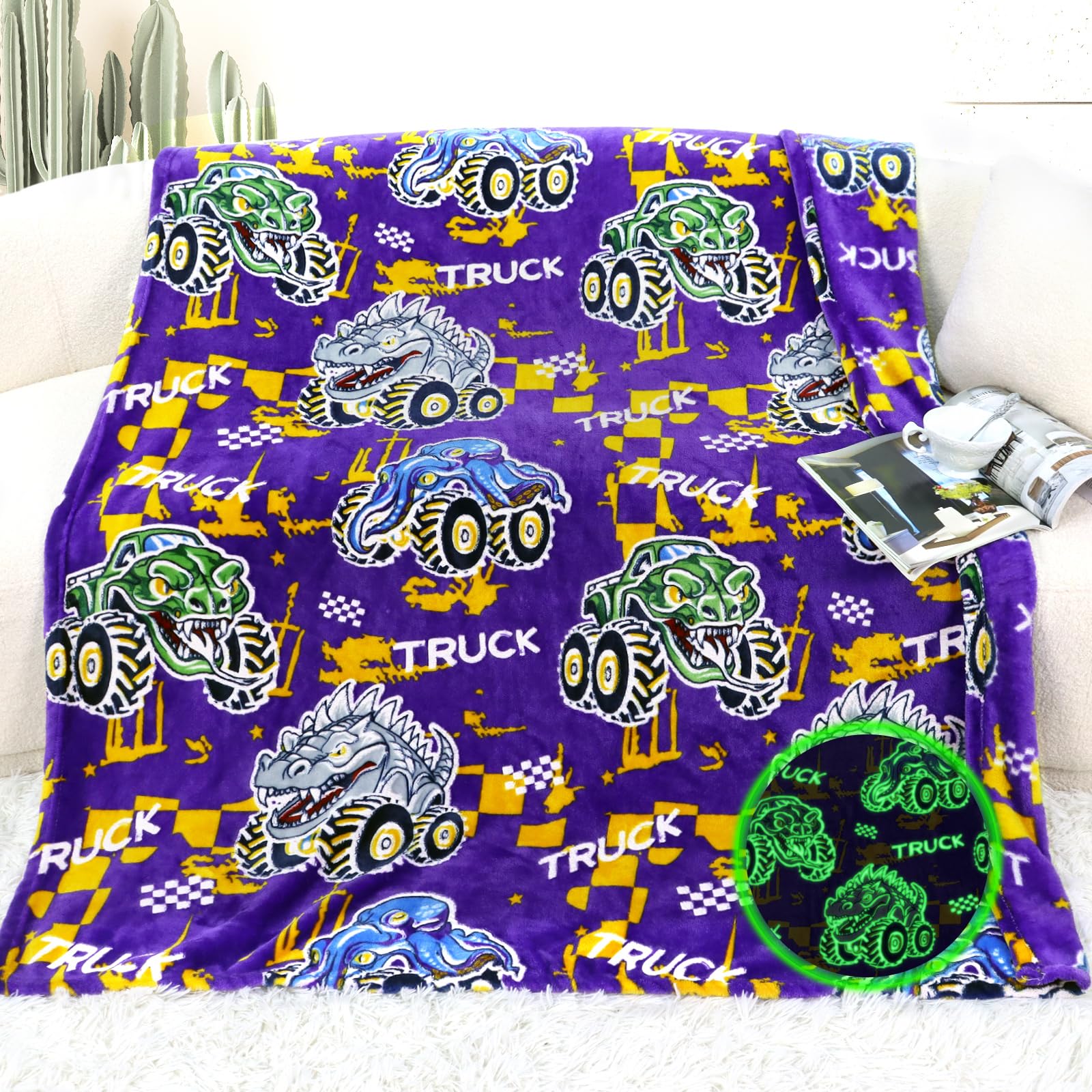 Glow in the Dark Tractor Truck Blanket for Boys - Soft Kids Throw Blanket | Birthday Gift for Toddlers & Children | Perfect for Bedtime, Road Trips & Camping Adventures