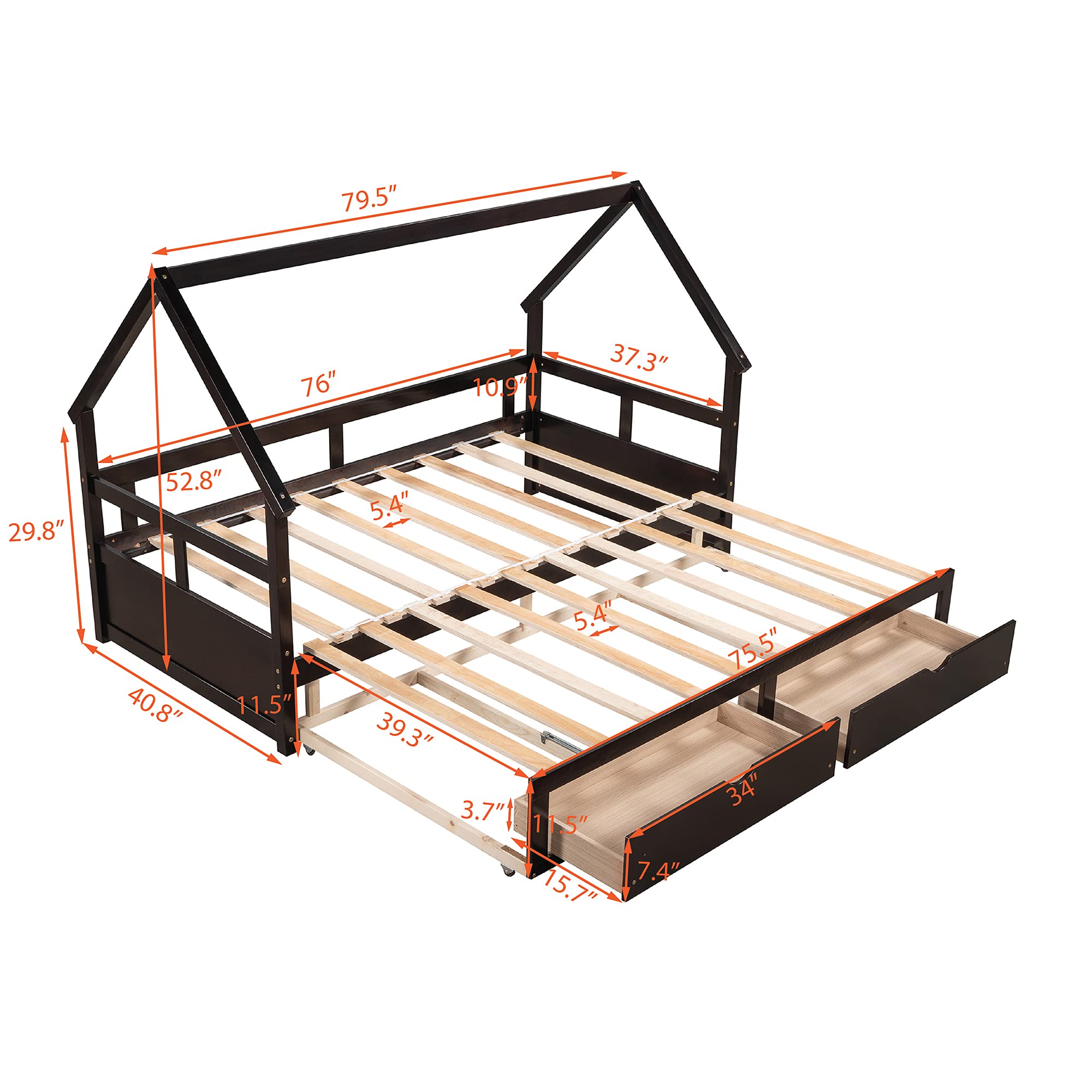Wooden Daybed with Trundle & 2 Storage Drawers - Twin to King Size Convertible House Bed for Kids & Teens, No Box Spring Needed (Espresso) - Perfect for Guest Rooms, Dormitories & Small Spaces