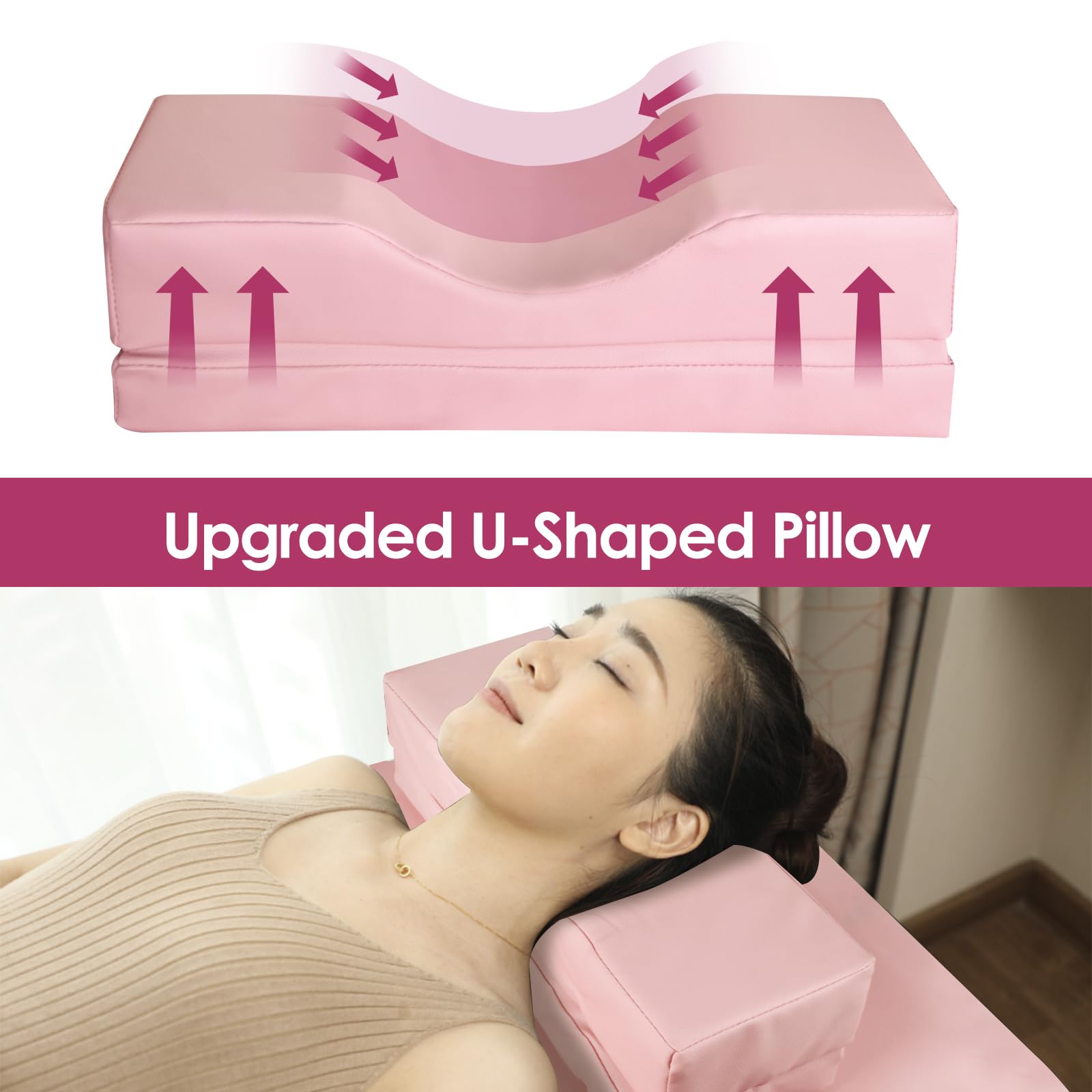Portable Adjustable Height Lash Extension Bed - Waterproof Aluminum Frame Massage Table with Eyelash Pillow for Eyelash Salon, Spa & Beauty Treatments (Pink) | Perfect for Professional Estheticians & Home Use