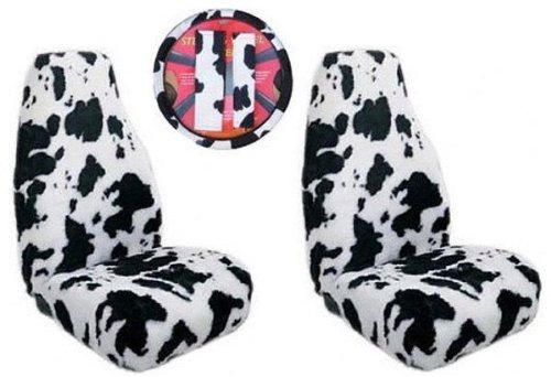 Cow Print 5-Piece Car Seat Covers Set - Highback Seat Protectors, Steering Wheel Cover & Shoulder Belt Pads for Cars, Trucks & SUVs | Western Style Automotive Accessories for Women & Men | Perfect for Road Trips, Daily Commute & Rodeo Events