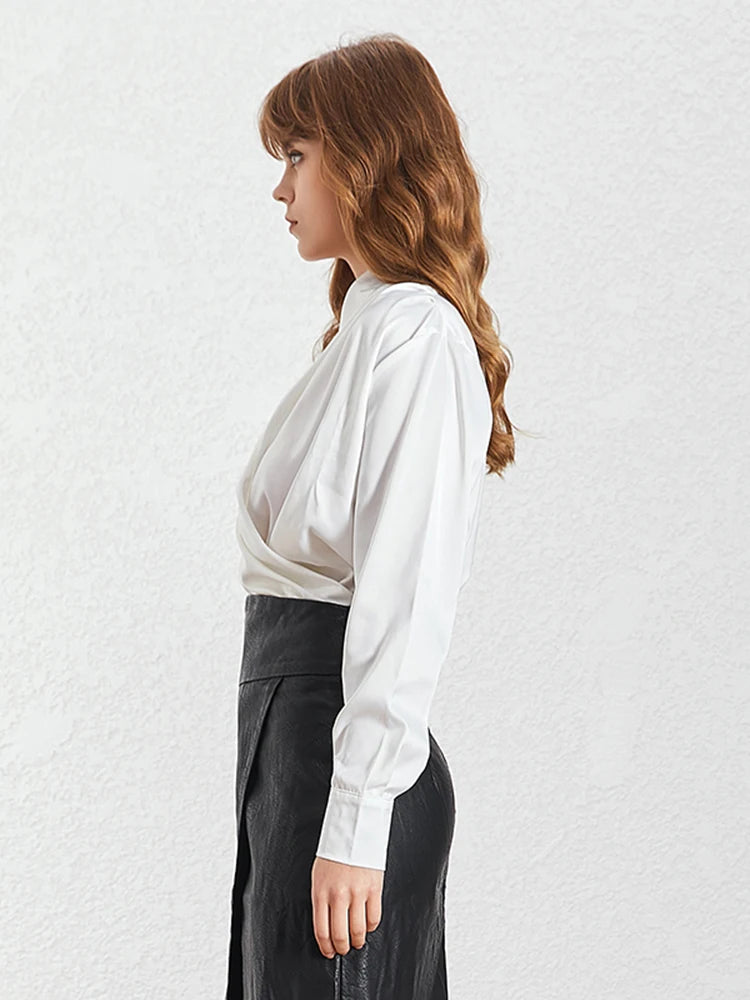 Black Ruched Spring Shirt for Women - V-Neck Long Sleeve Casual Blouse | Solid Color Fashion Top | Perfect for Office Wear, Date Night & Spring Outfits