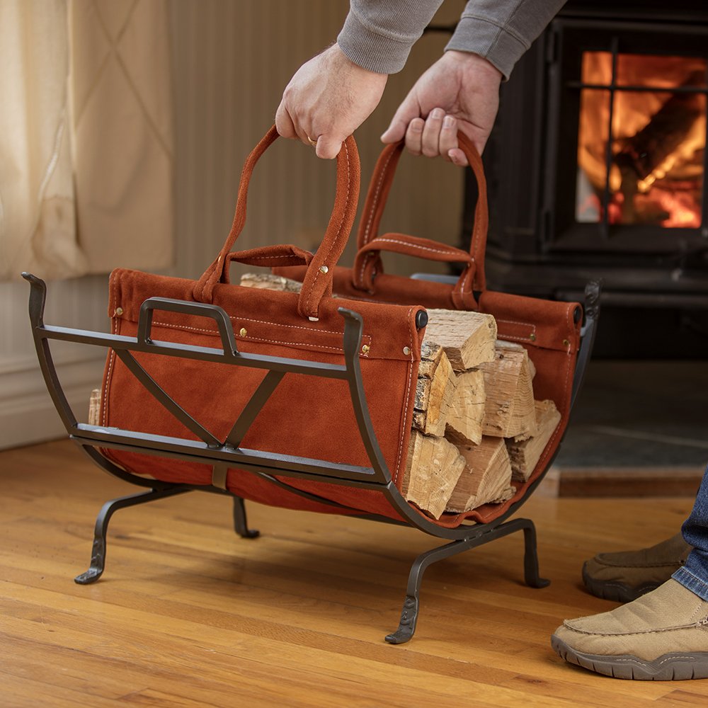 Uniflane Olde World Iron Firewood Log Holder with Suede Leather Carrier - Rustic Fireplace Accessory for Indoor/Outdoor Use - Perfect for Firewood Storage by Fireplace, Patio or Camping