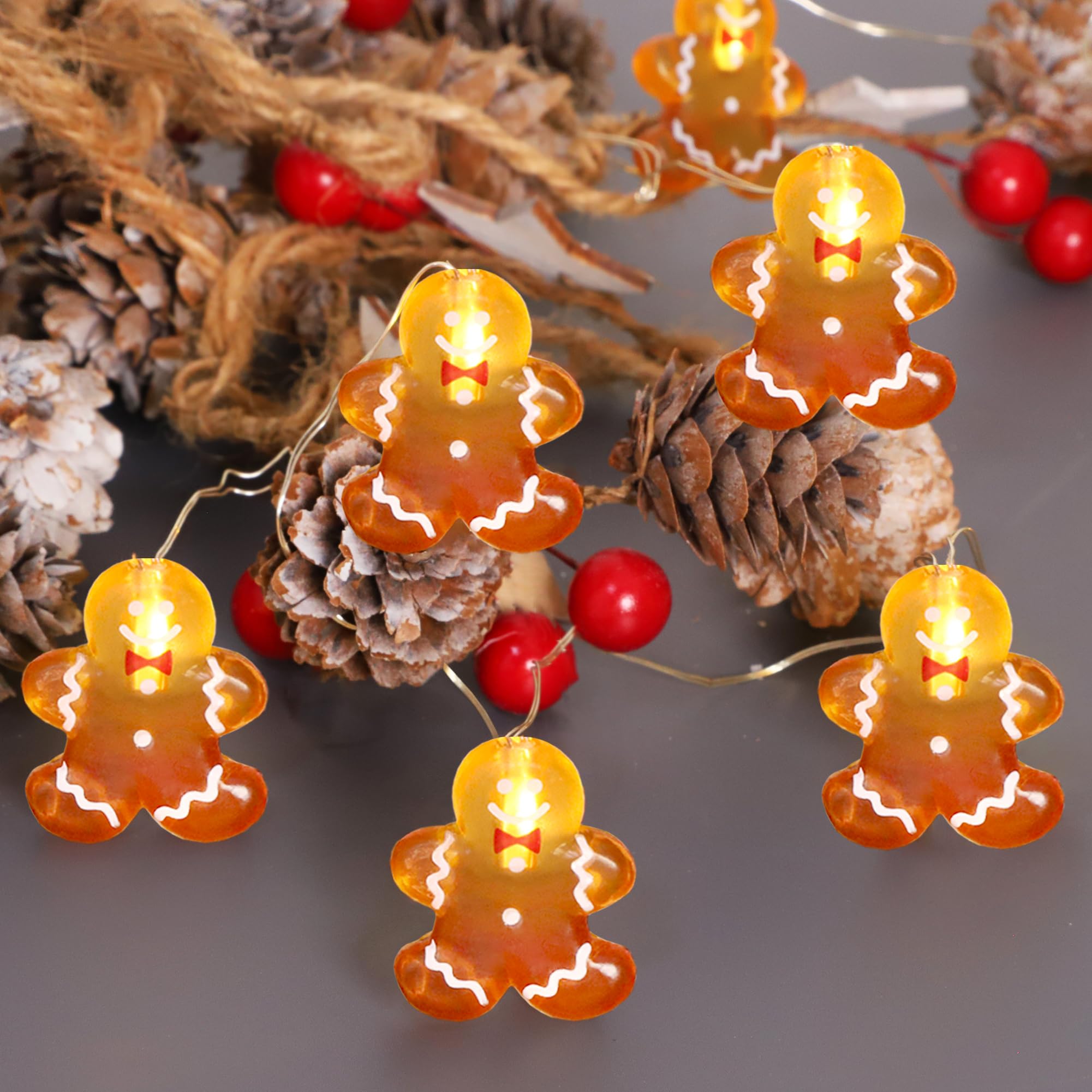 Christmas Gingerbread LED String Lights - 10ft 20 LEDs with Remote for Holiday Decor