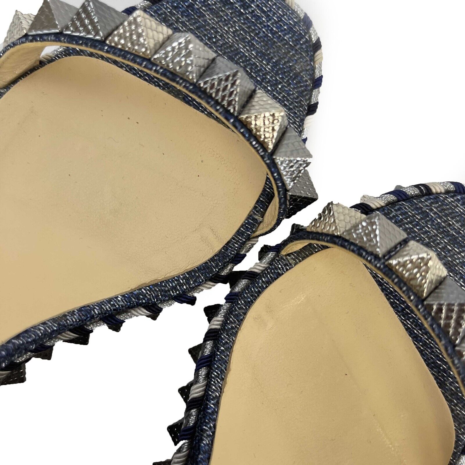 Christian Louboutin Pyraclou Spike Denim Wedge Sandals Women's Size 39 (US 9) - Stylish High Heel Shoes for Parties, Weddings & Evening Events