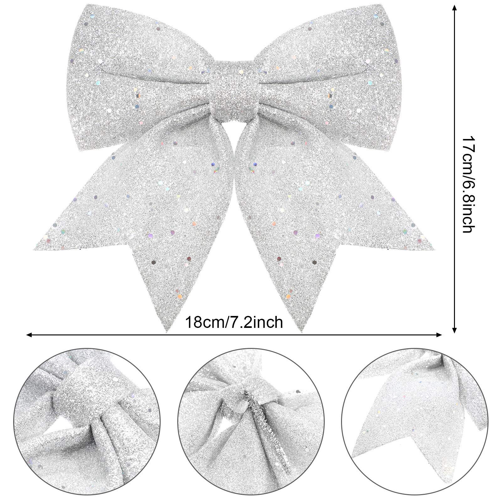 WILLBOND 6-Pack 7.2 Inch Silver Glitter Christmas Bows - Elegant Holiday Party Decorations for Tree, Wreath, Gift Wrapping & Home Decoration