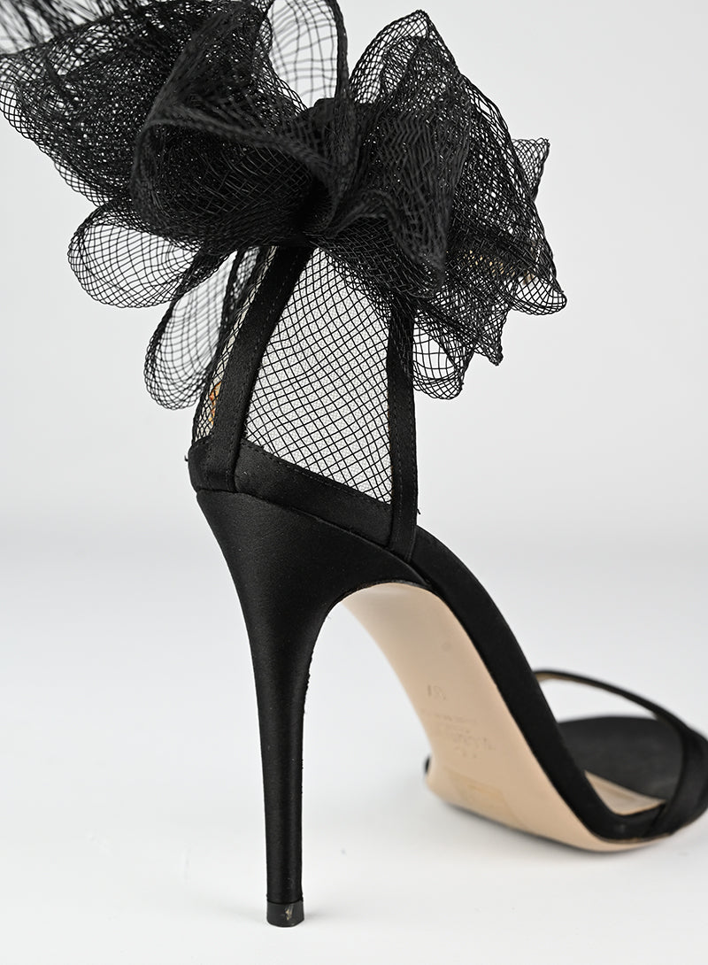 Valentino Black Satin Sandals with Flower Detail - Size 37 | Elegant Women's Dress Sandals for Weddings & Special Occasions