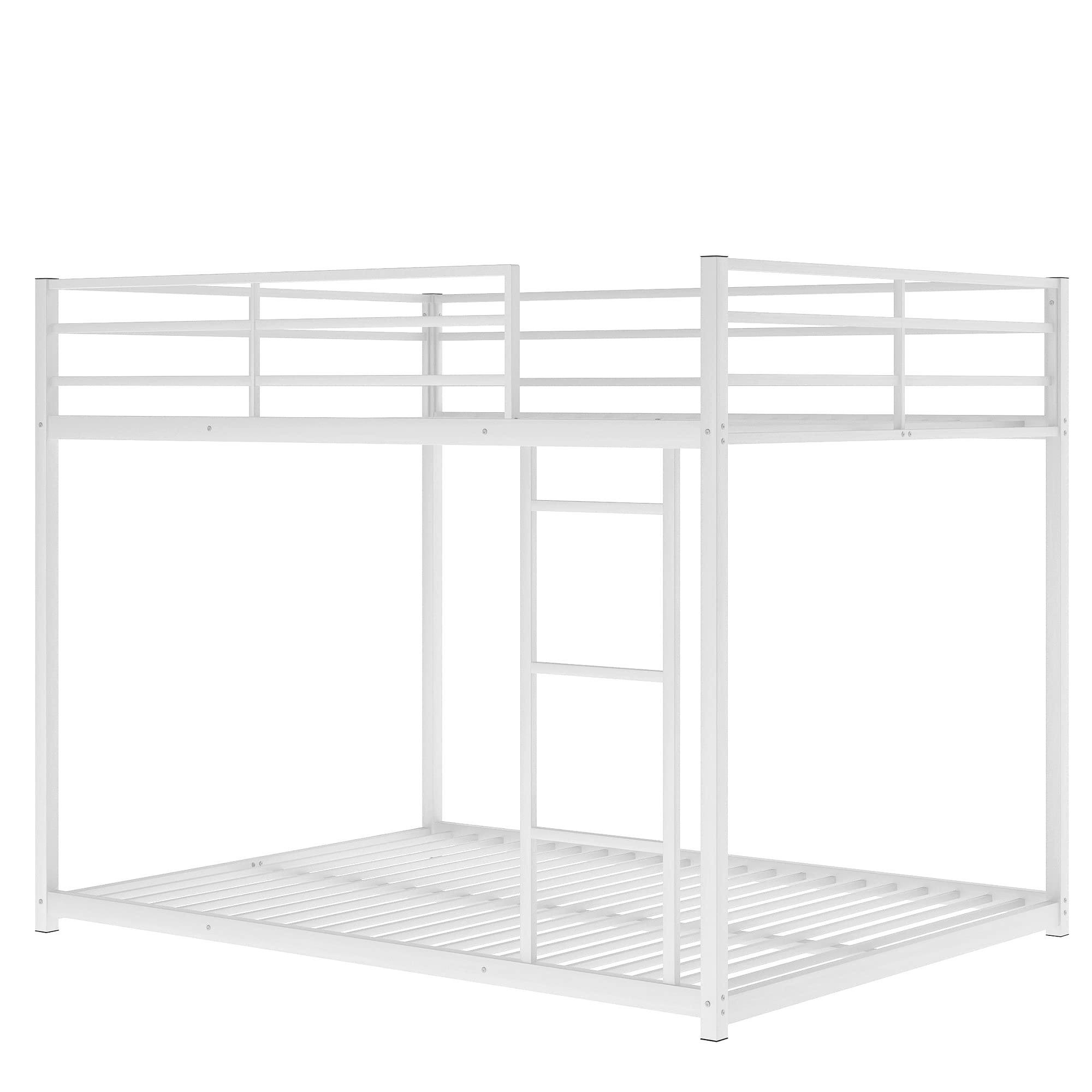 Full Over Full Metal Bunk Bed - Heavy Duty Low Profile Bunk Bed with Safety Guard Rails & Ladder for Kids, Teens & Adults - No Box Spring Required (Full Size, White Finish) - Perfect for Small Bedrooms, Dorms, Guest Rooms & Vacation Homes