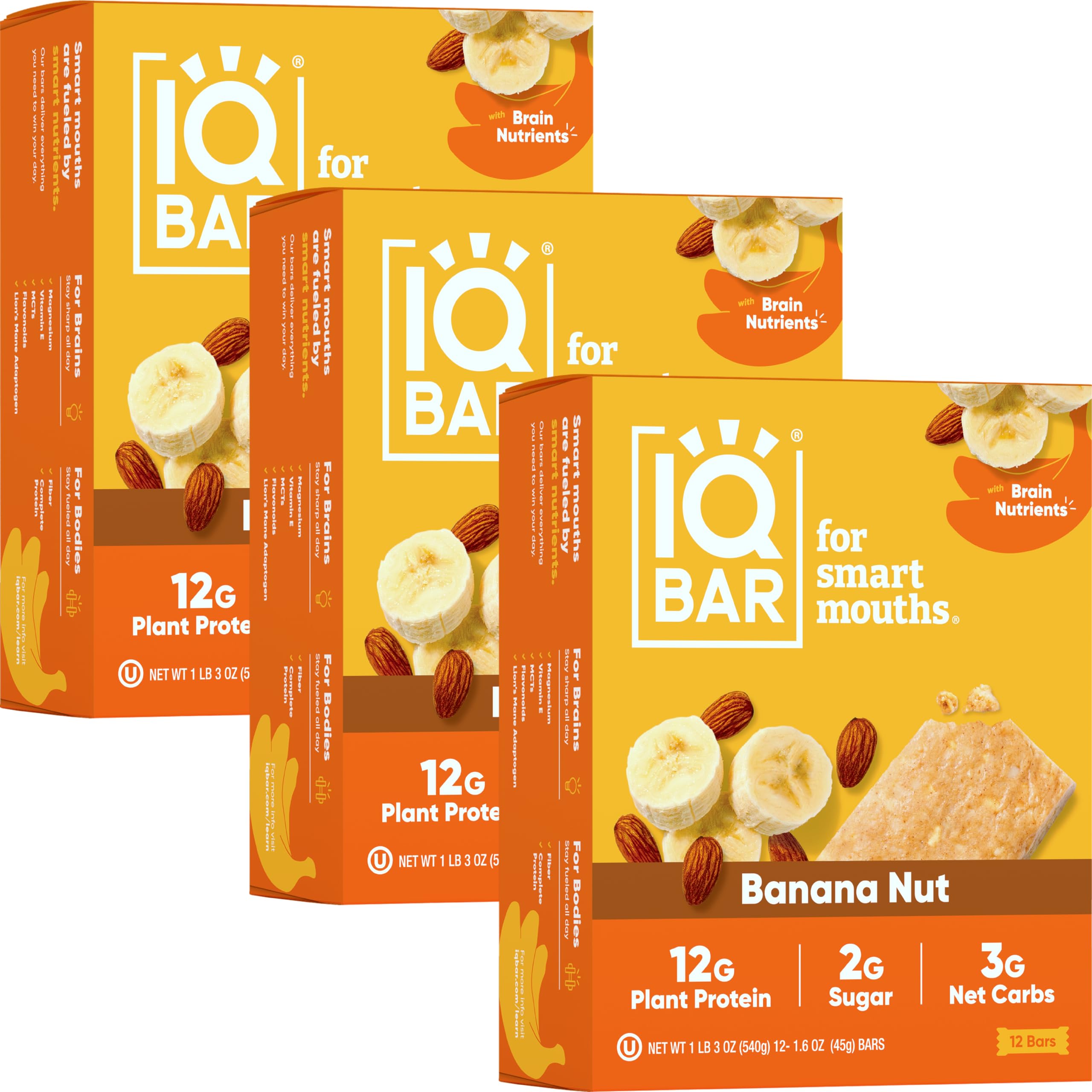 IQBAR Brain and Body Plant Protein Bars - Banana Nut Flavor - 36 Count | Low Carb, Gluten Free, Vegan Snacks | High Fiber, Low Sugar Meal Replacement | Perfect for Workouts, Travel & Healthy On-the-Go Nutrition