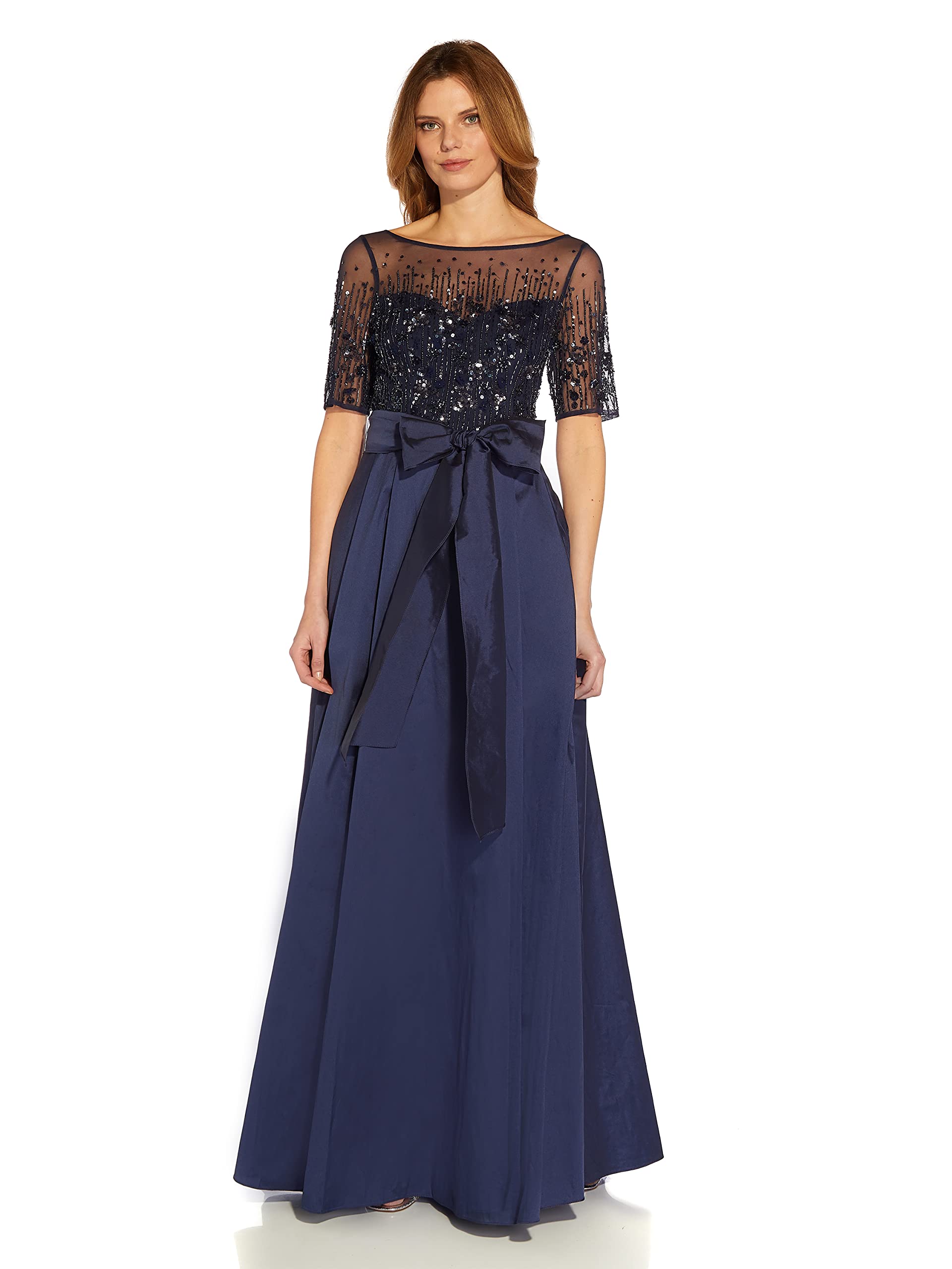 Adrianna Papell Women's Elegant Beaded Mesh and Taffeta Evening Gown for Prom, Wedding, and Formal Events