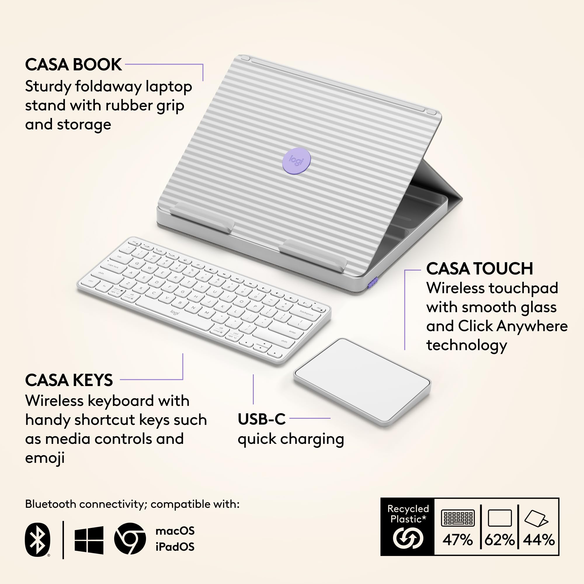 Logitech Casa Pop Up Desk Work From Home Kit with Laptop Stand, Wireless Keyboard & Touchpad - Bluetooth, USB C Charging for 10-17