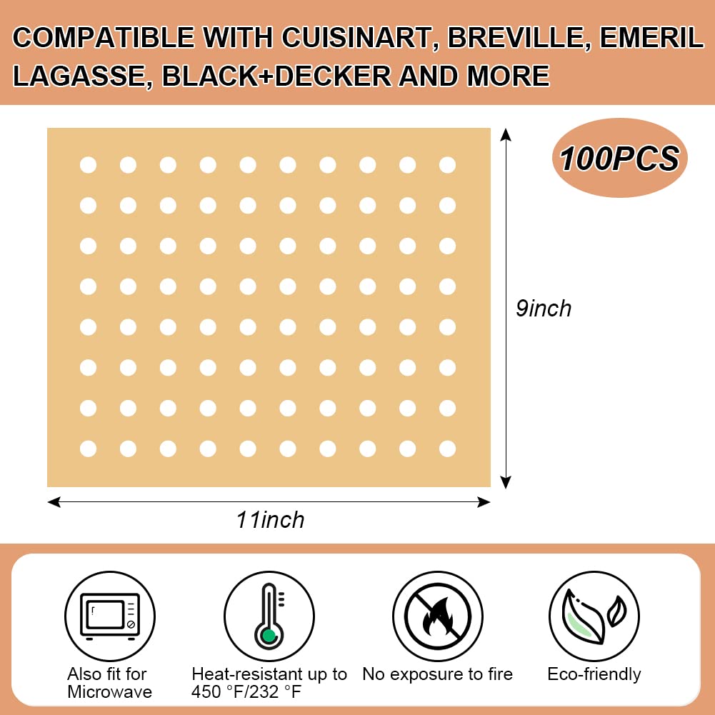 BYKITCHEN 9x11 Inch Unbleached Air Fryer Oven Parchment Paper Liners - 100 Pack | Compatible with Cuisinart, Breville, Emeril Lagasse Toaster Ovens | Non-Stick Baking Sheets for Healthy Cooking, Roasting & Reheating Food