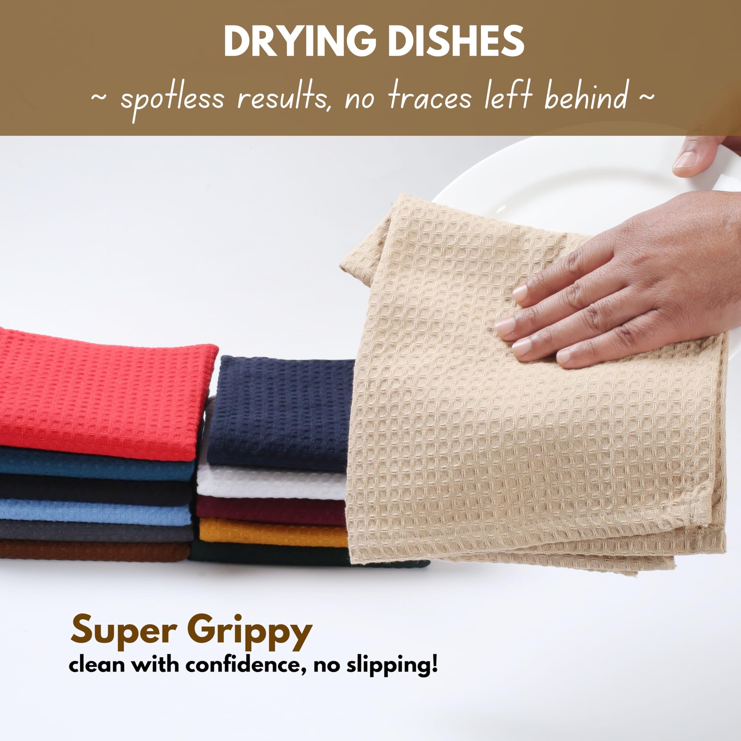 Premium 16x26 Inch Waffle Weave Kitchen Towels - 12-Pack Super Absorbent Cotton Dish Cloths with Hanging Loop | Soft Bar Towels & Washcloths for Cleaning, Drying Dishes & Countertops | Beige Home Essentials