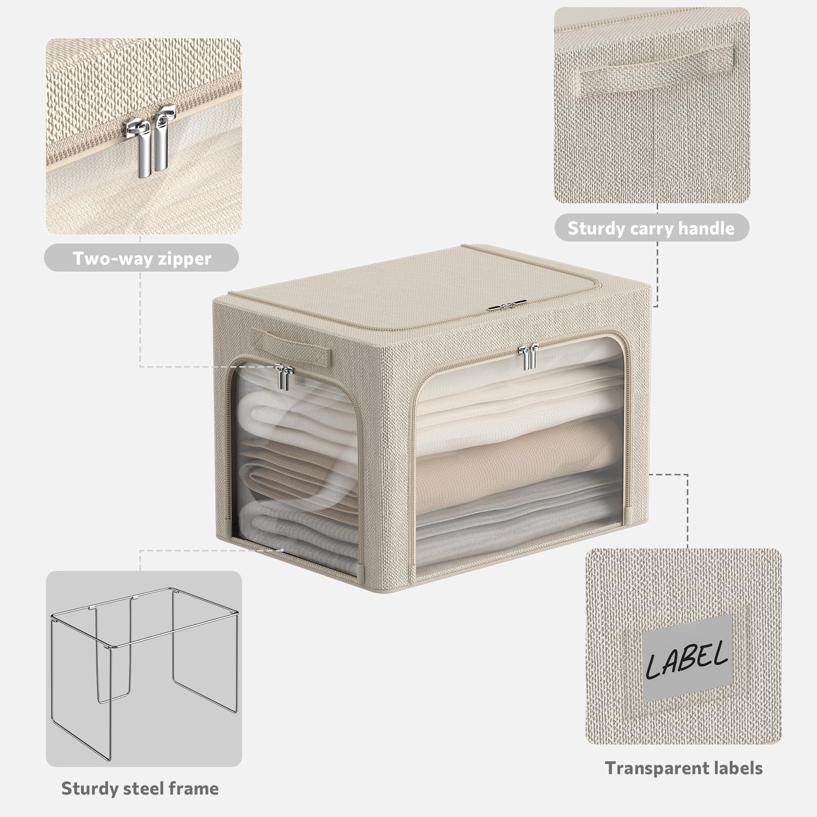 3-Pack Stackable Foldable Storage Bins with Clear Window & Carry Handles - 36L Metal Frame Clothing Organizer Box (15.7x11.8x11.8in, Beige) for Closet, Nursery, or Office Organization