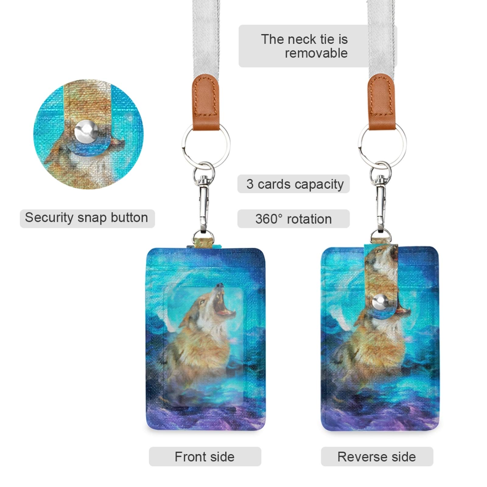 Wolf ID Badge Holder - Vertical Leather with Lanyard for Office & School Staff