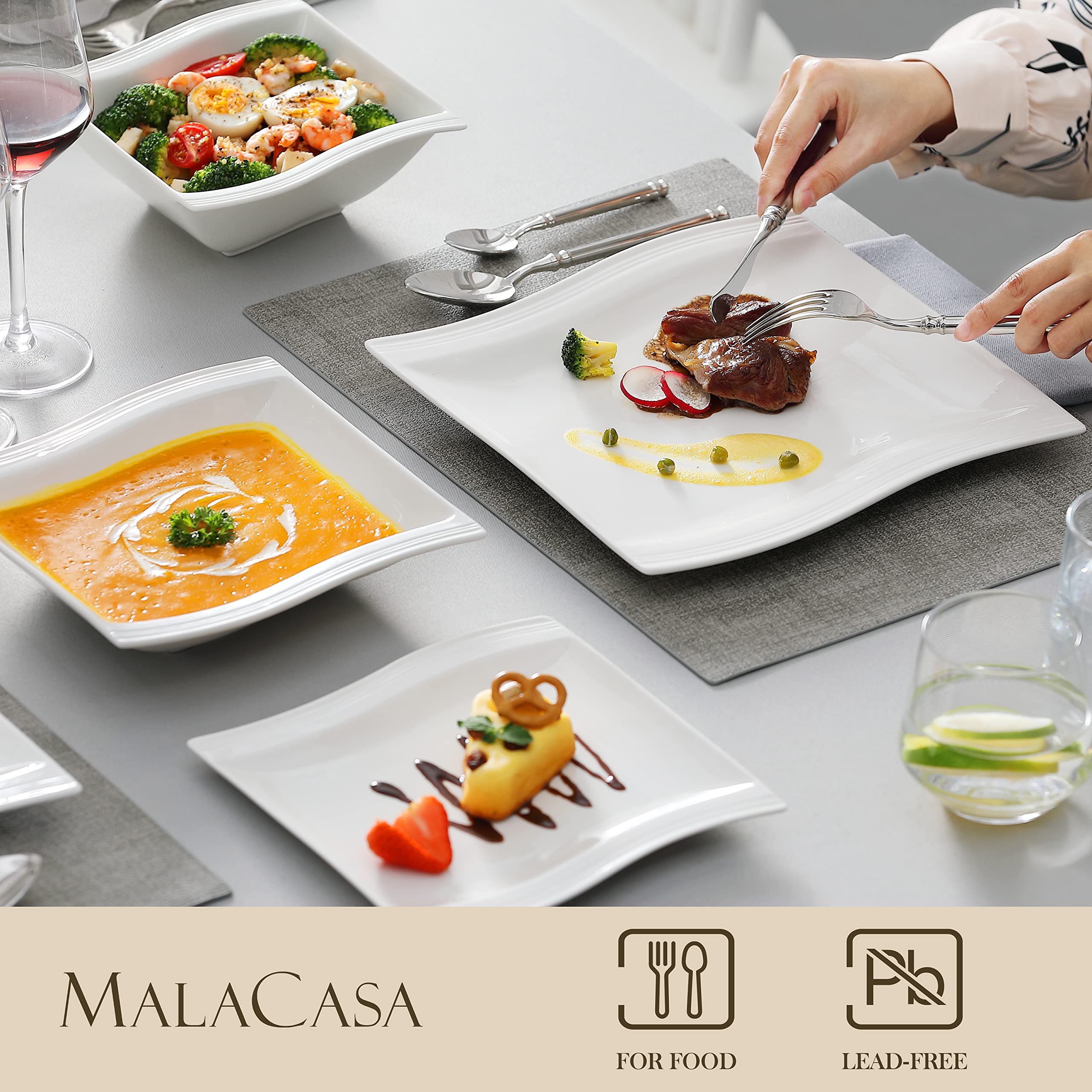 MALACASA 16-Piece Ivory White Porcelain Dinnerware Set for 4 - Square Plates & Bowls, Modern FLORA Series | Includes Dinner Plates, Dessert Plates, Soup Bowls | Perfect for Family Meals, Dinner Parties & Restaurant-Style Dining
