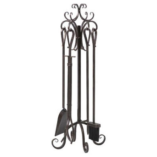 Panacea 5-Piece Scroll Top Fireplace Tool Set - Heavy Duty Iron Fireplace Accessories with Stand for Wood Burning Stoves & Fire Pits - Perfect for Indoor & Outdoor Use