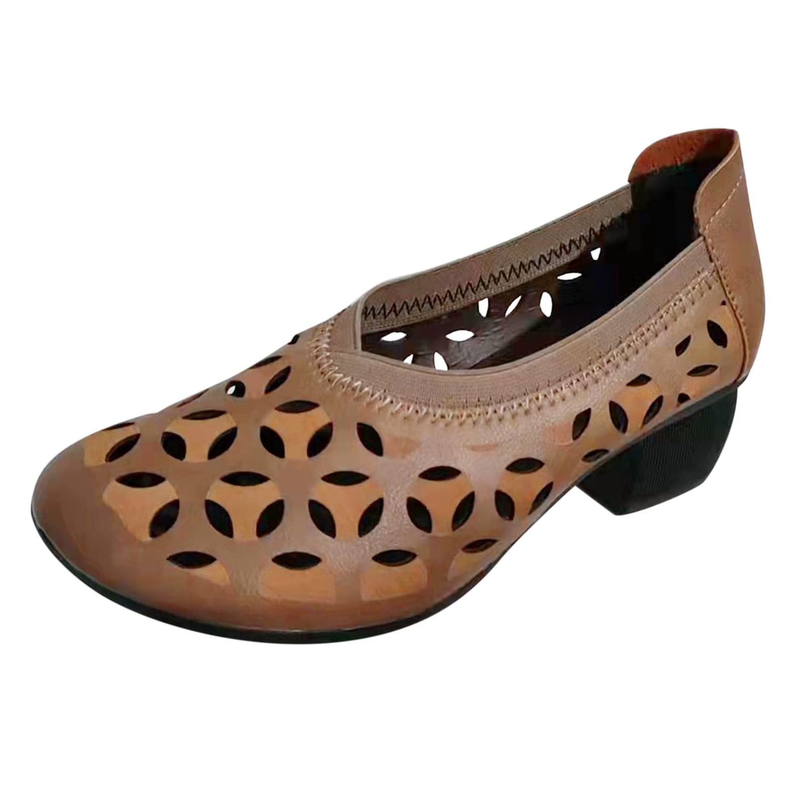 **AODONG Women's Breathable Walking Shoes - Summer Hollow Out Non-Slip High Heels, Round Toe Slip-On Leather Shoes for Casual Wear, Office & Travel**